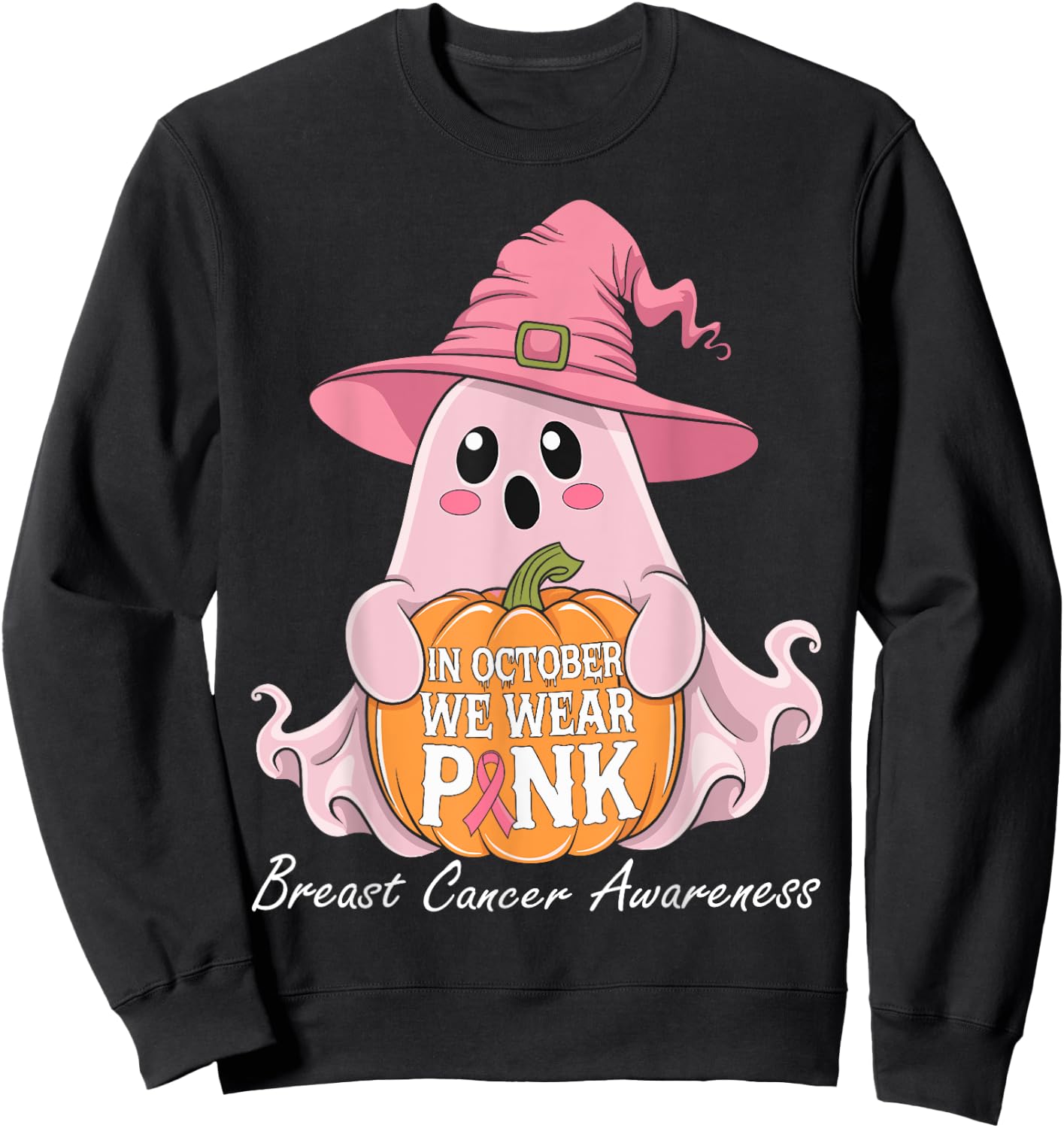 In October We Wear Pink Breast Cancer Awareness Halloween Sweatshirt - Sweatshirt | Black