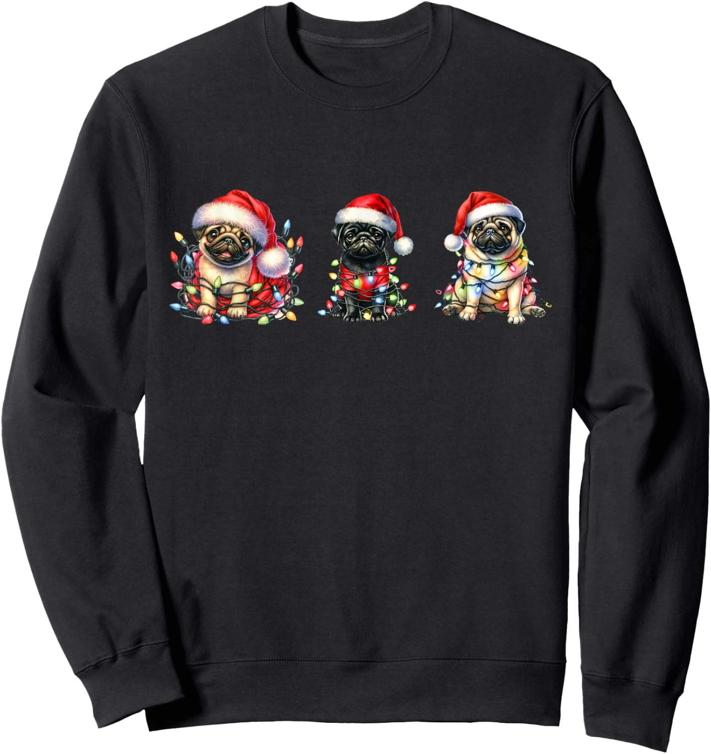 Christmas Fawn and Black Pugs Santa Pugs Sweatshirt - Sweatshirt | Black
