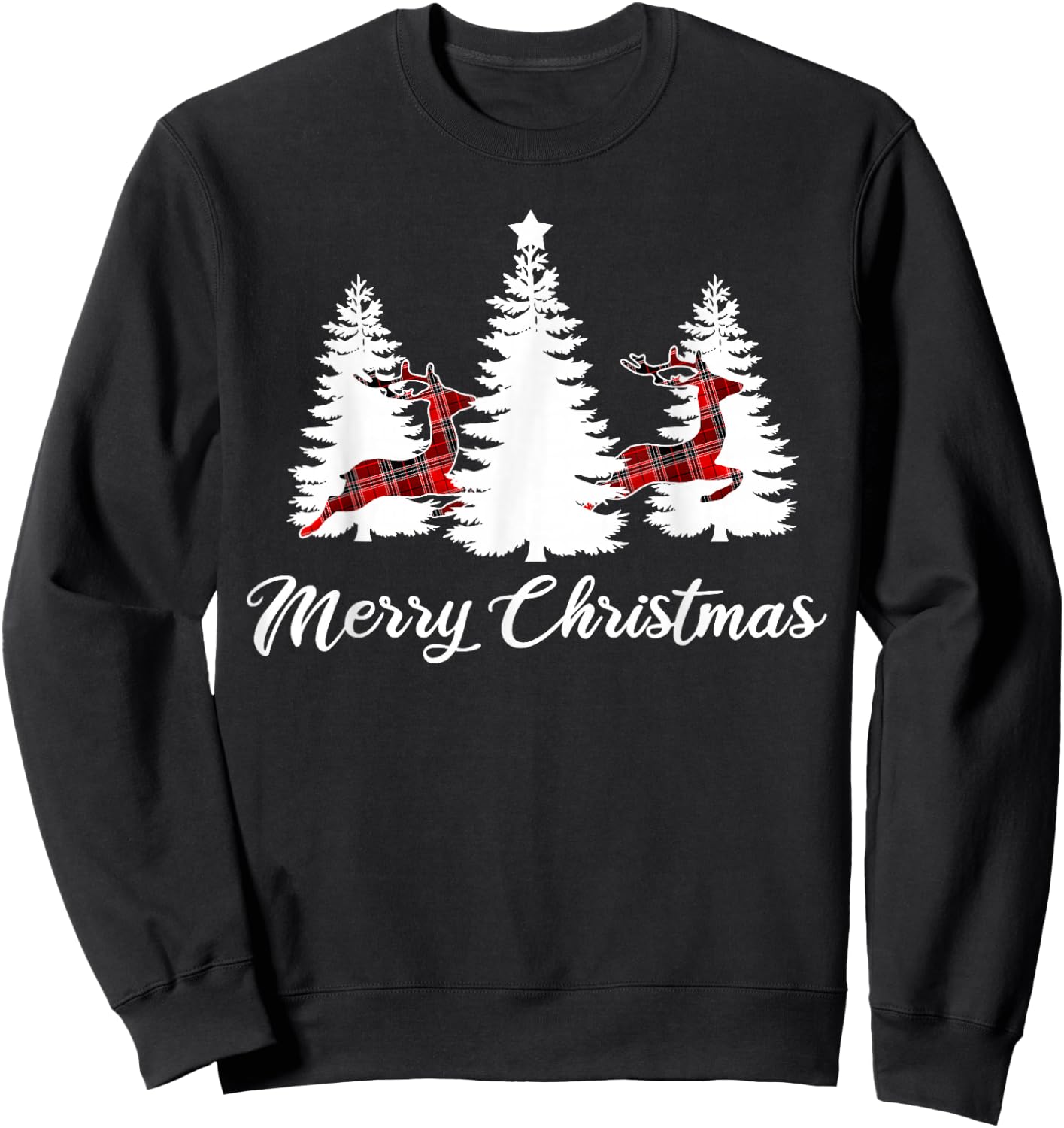 Merry Christmas Shirt Buffalo Plaid Reindeer Tree Sweatshirt - Sweatshirt | Black