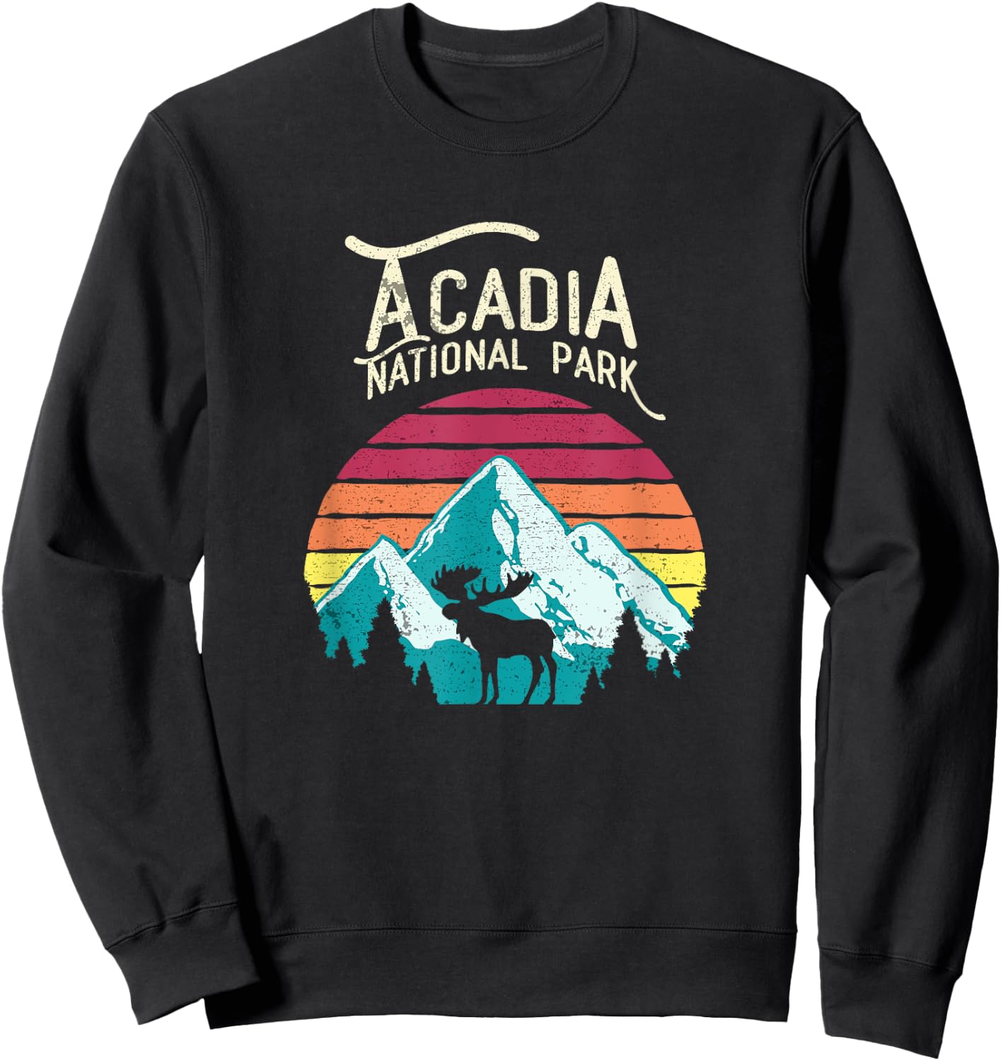 Vintage Acadia National Park, Maine Mountains Moose T Shirt Sweatshirt - Sweatshirt | Black