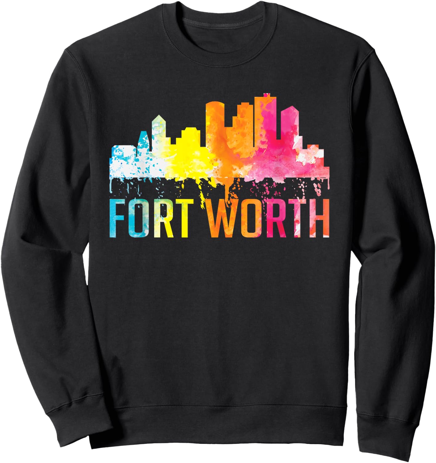Fort Worth Texas Retro Watercolor Skyline Art Souvenir Gift Sweatshirt - Sweatshirt | Black