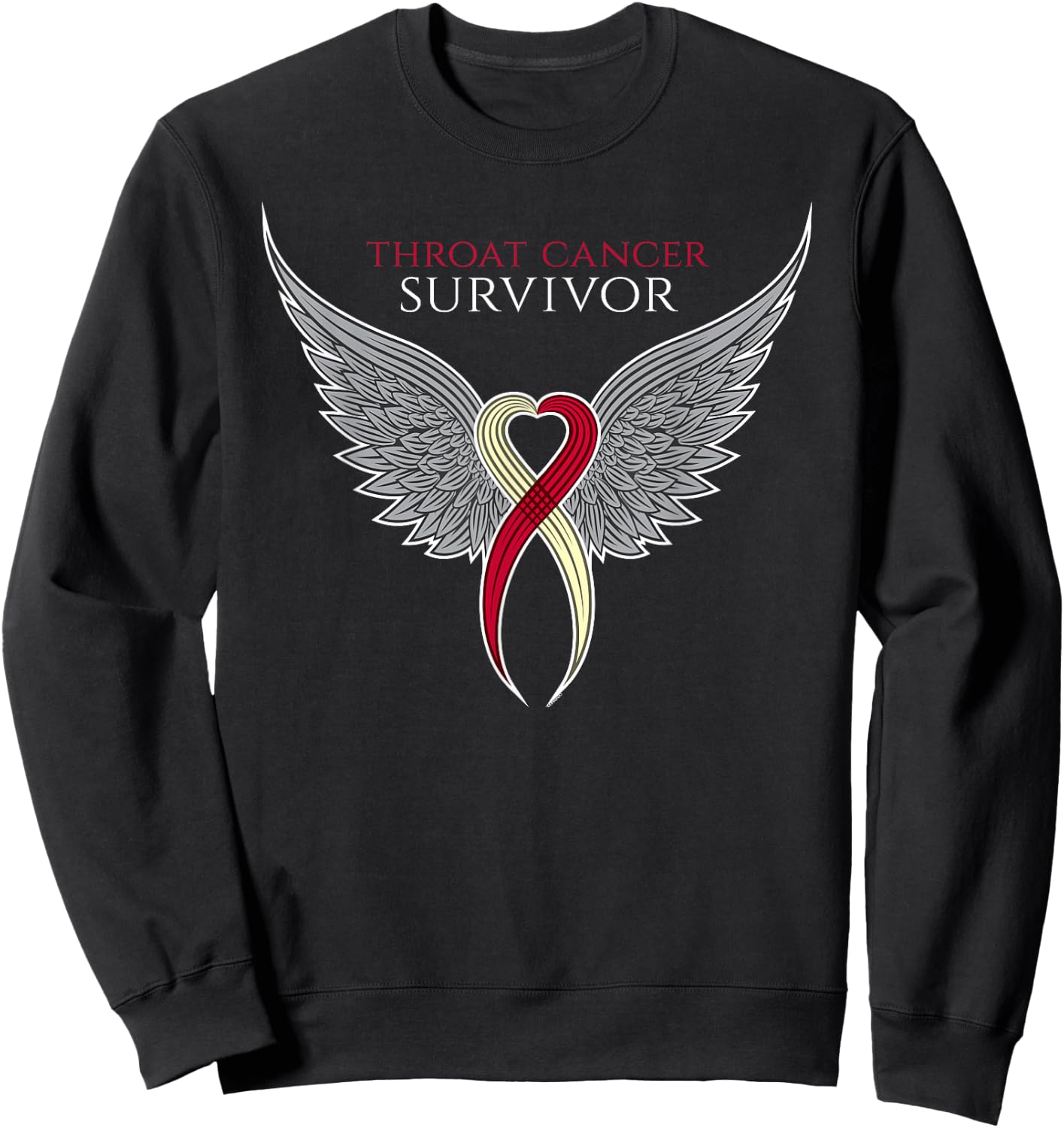 Throat Cancer Awareness by Jomadado for Adults, , Black, Short Sleeve, Size 8 (US), Classic Fit, Crew Collar, Modern Motivational, Cancer Awareness, Ribbon with Wings Sweatshirt - Sweatshirt | Black