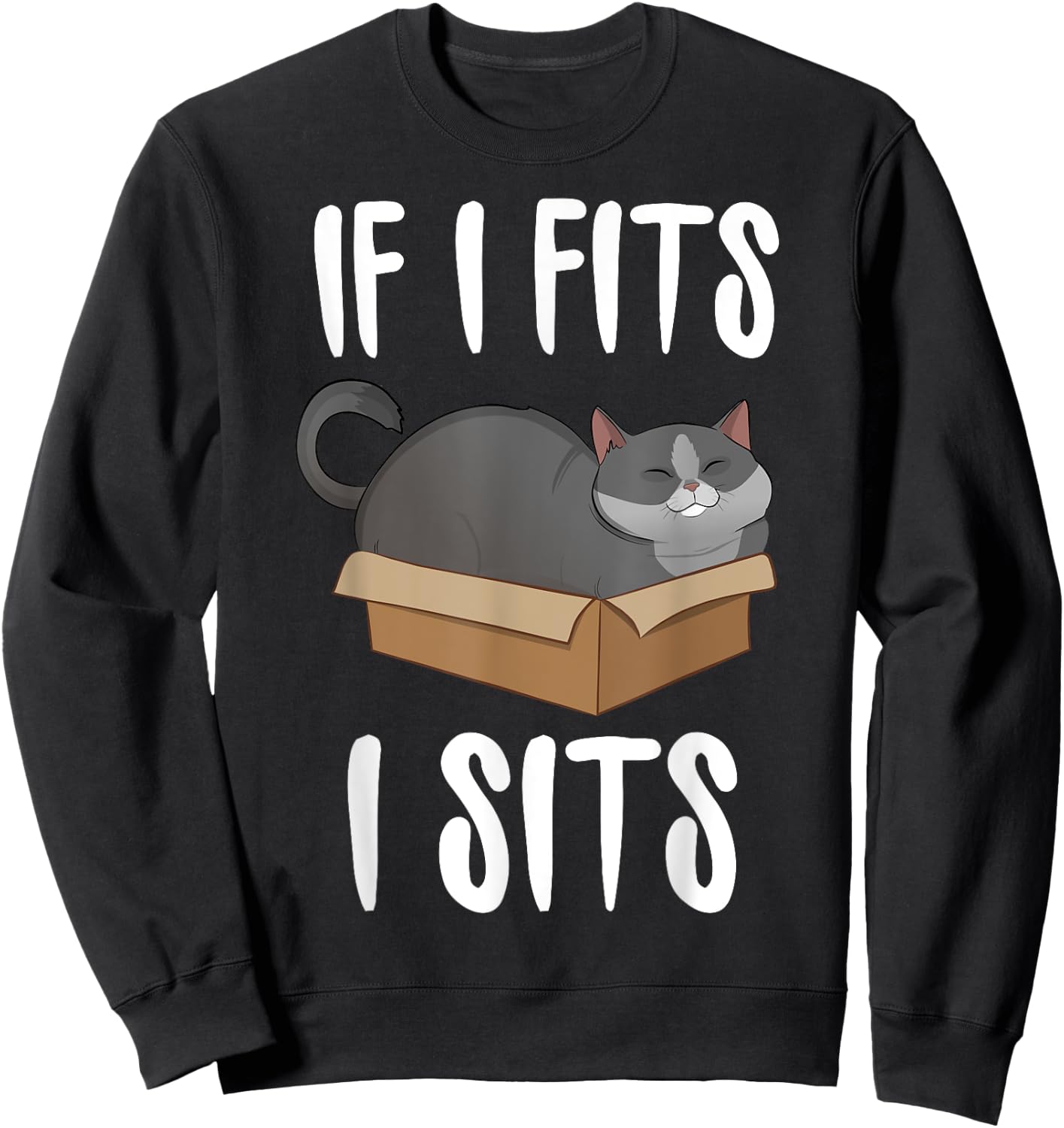 If I Fits I Sits Cat Meme Shirt Funny Cat In A Box Men Women Girls Kids Sweatshirt - Sweatshirt | Black
