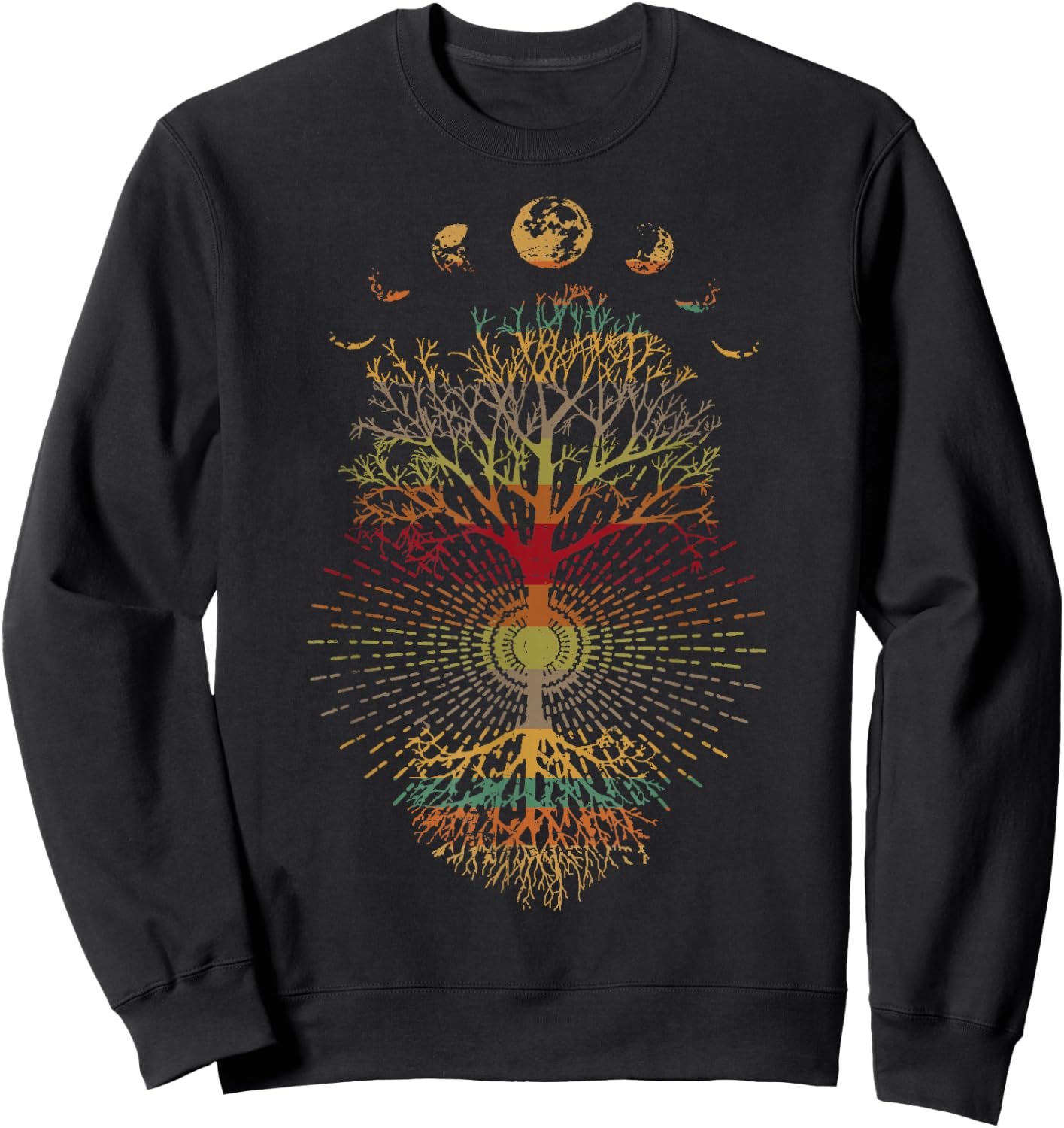 Phases of the Moon Retro 60's 70's Vibe Tree of Life Sweatshirt - Sweatshirt | Black