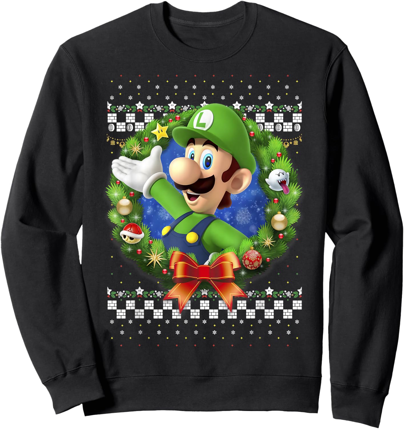 Super Mario 3D Luigi Christmas Wreath Graphic Sweatshirt - Sweatshirt | Black