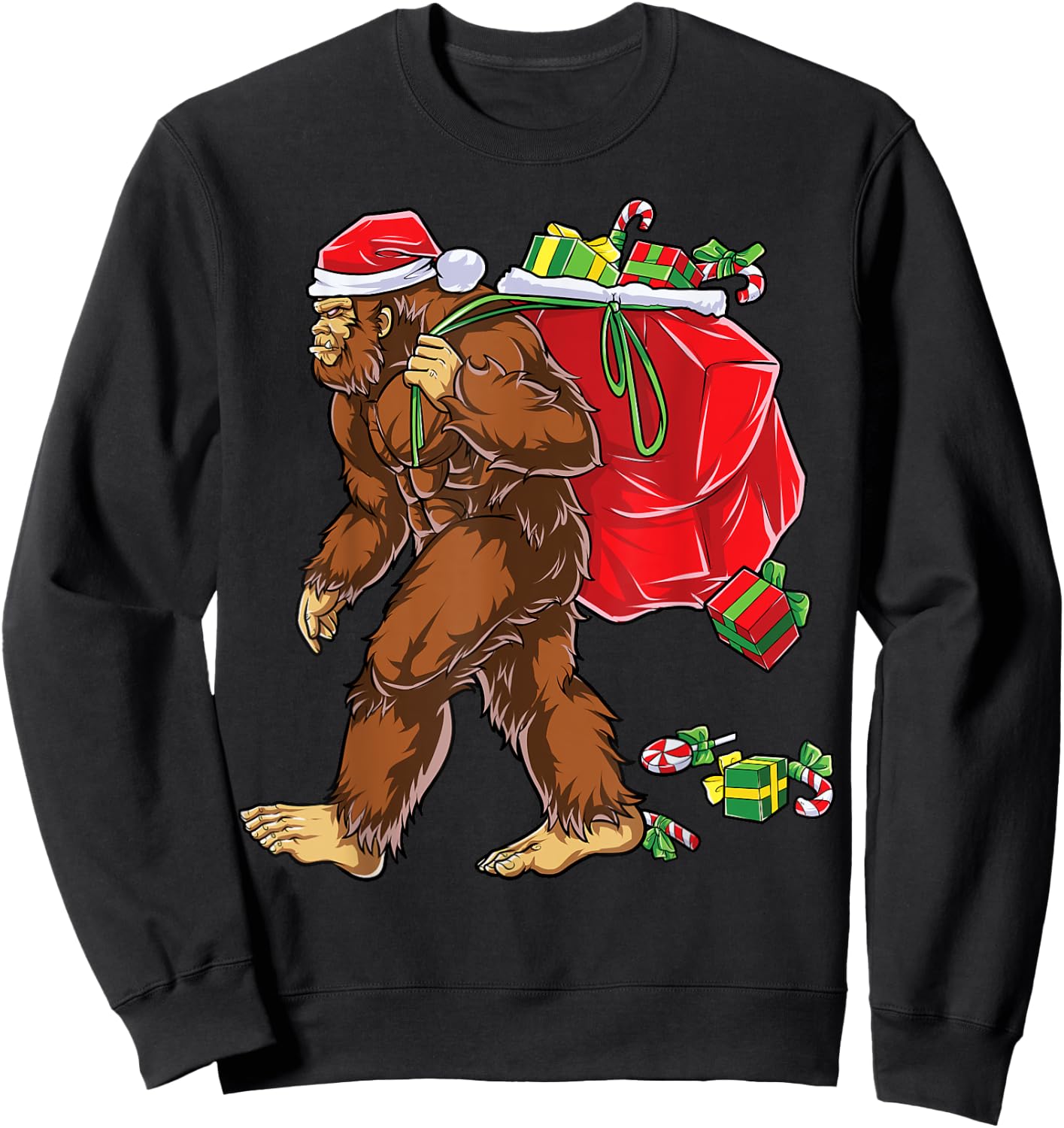 Bigfoot Santa Carrying Christmas Bag Xmas Hat Sasquatch Men Sweatshirt - Sweatshirt | Black