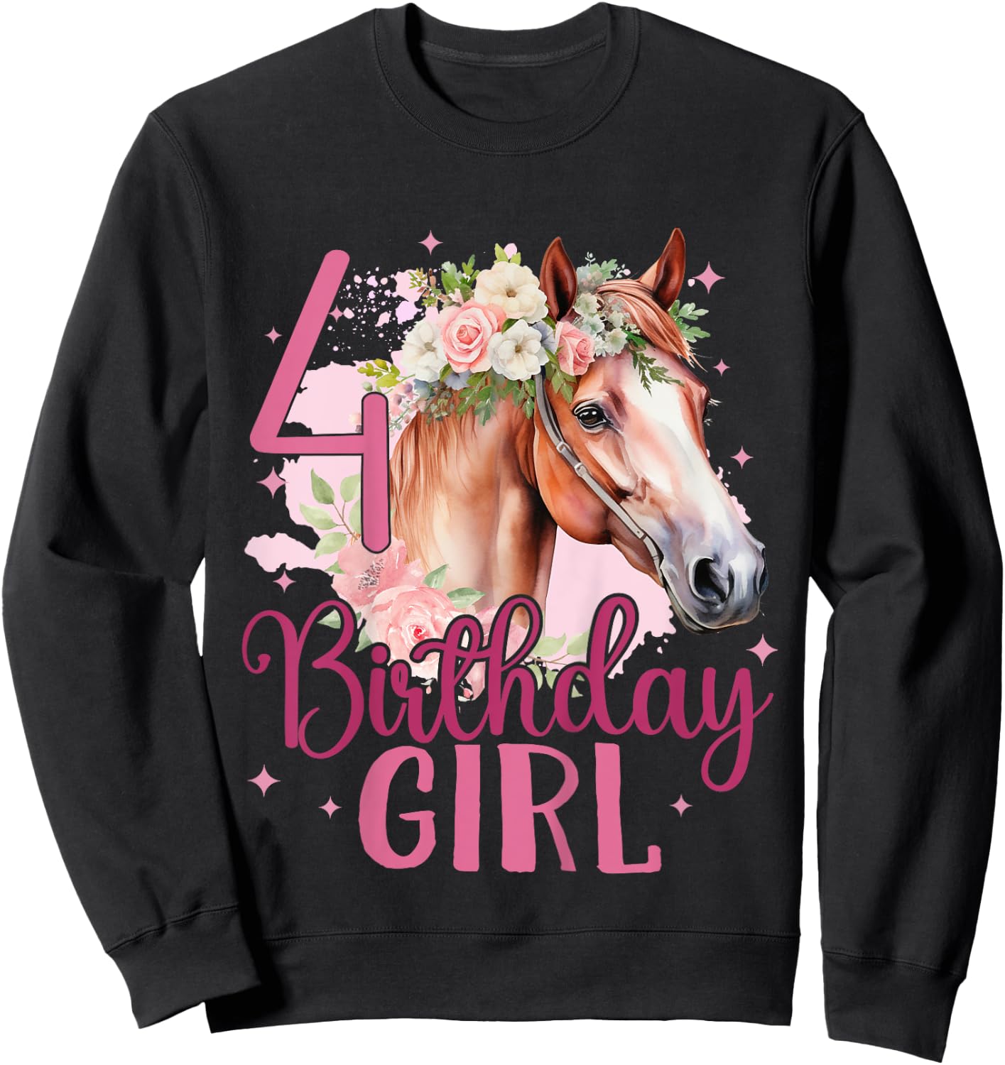 Kids 4th Birthday Horse Girl Fourth birthday girl 4 years old Sweatshirt - Sweatshirt | Black