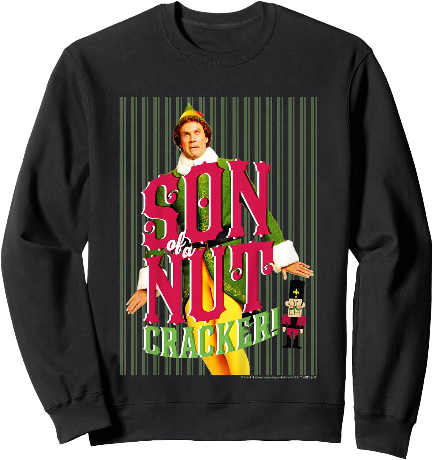 Kids Elf Buddy Son Of A Nutcracker Striped Poster Sweatshirt - Sweatshirt | Black