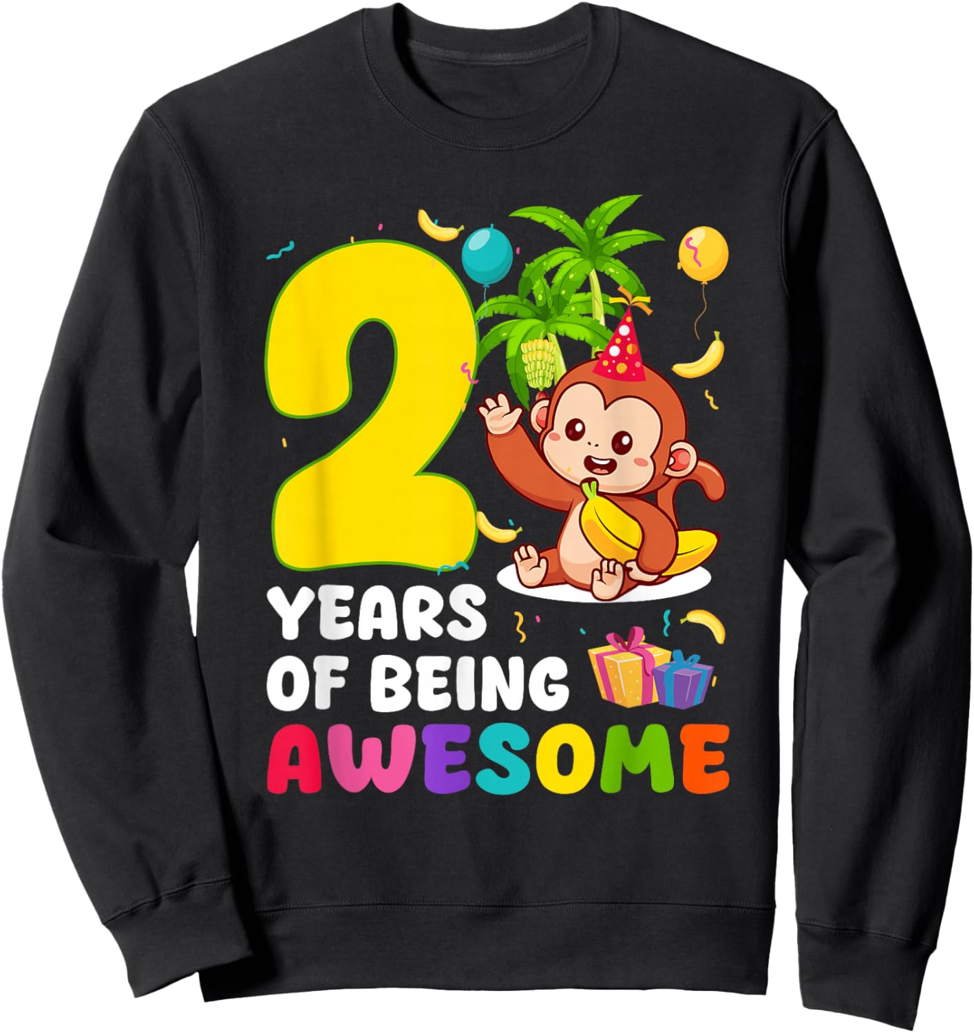 2nd Birthday Monkey Themed Party 2 Years of Being Awesome Sweatshirt - Sweatshirt | Black