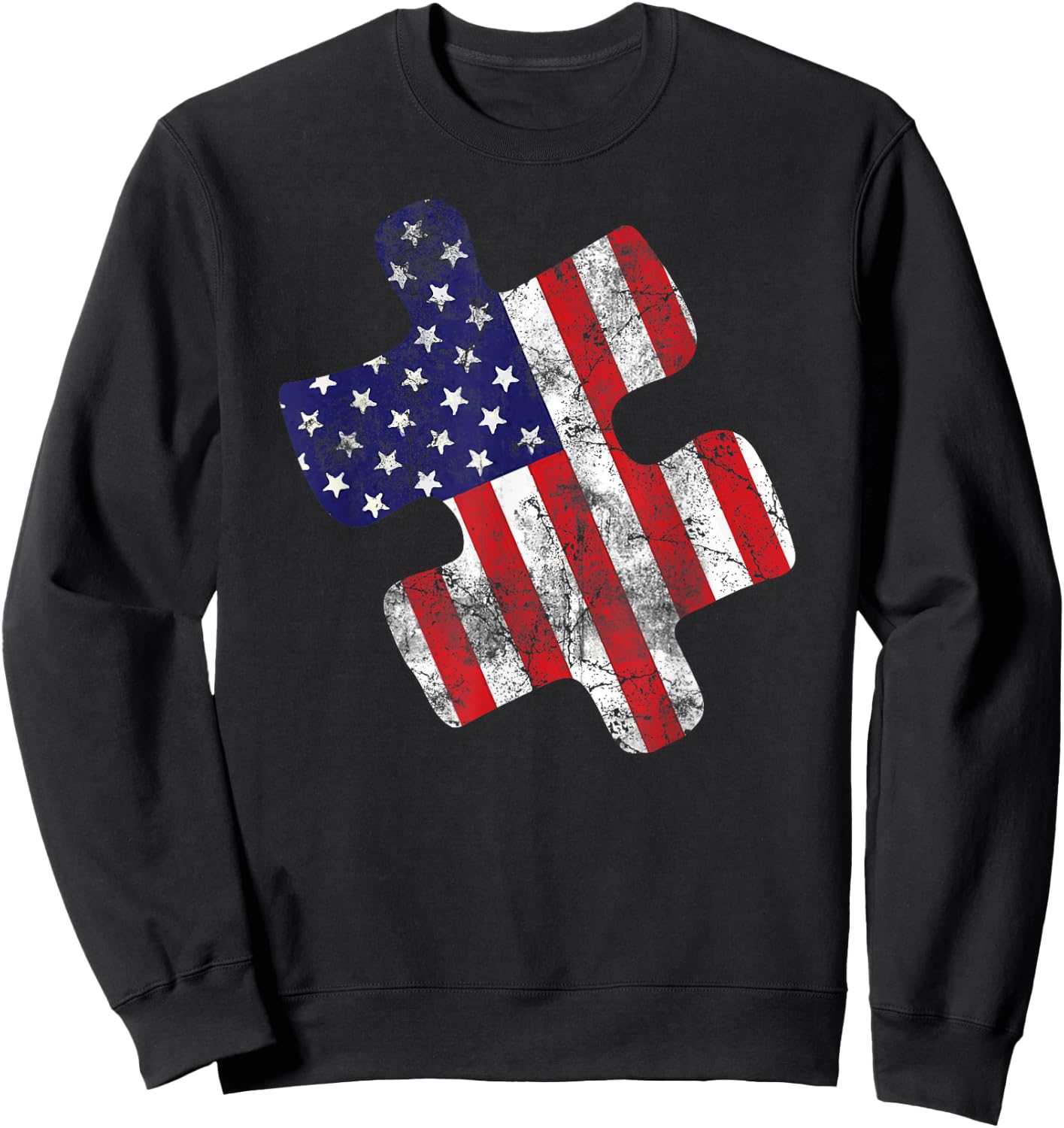 Autism Awareness American Flag Vintage Puzzle Piece Gift Sweatshirt - Sweatshirt | Black