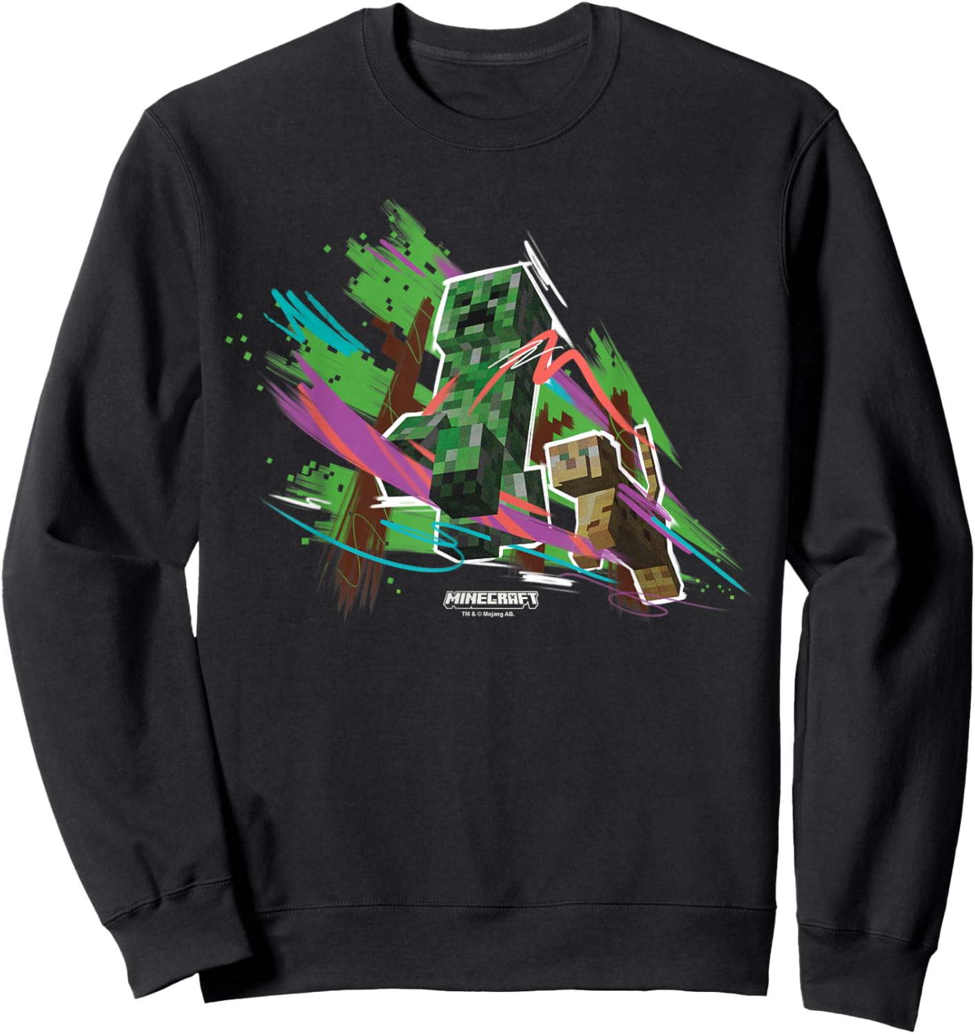 Minecraft Creeper Running from Cat Paint Brush Strokes Art Sweatshirt - Sweatshirt | Black