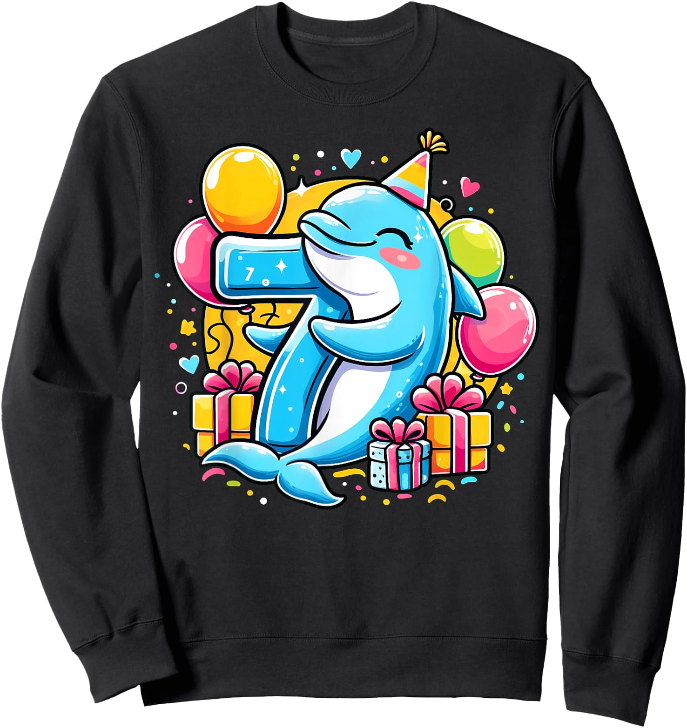 Kids Dolphin Theme seventh Bday Party 7th Dolphin Birthday Sweatshirt - Sweatshirt | Black