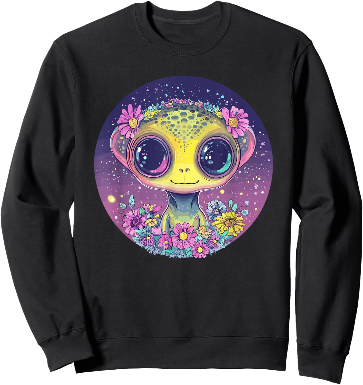 Cute Alien Surrounded By Flowers Sweatshirt - Sweatshirt | Black