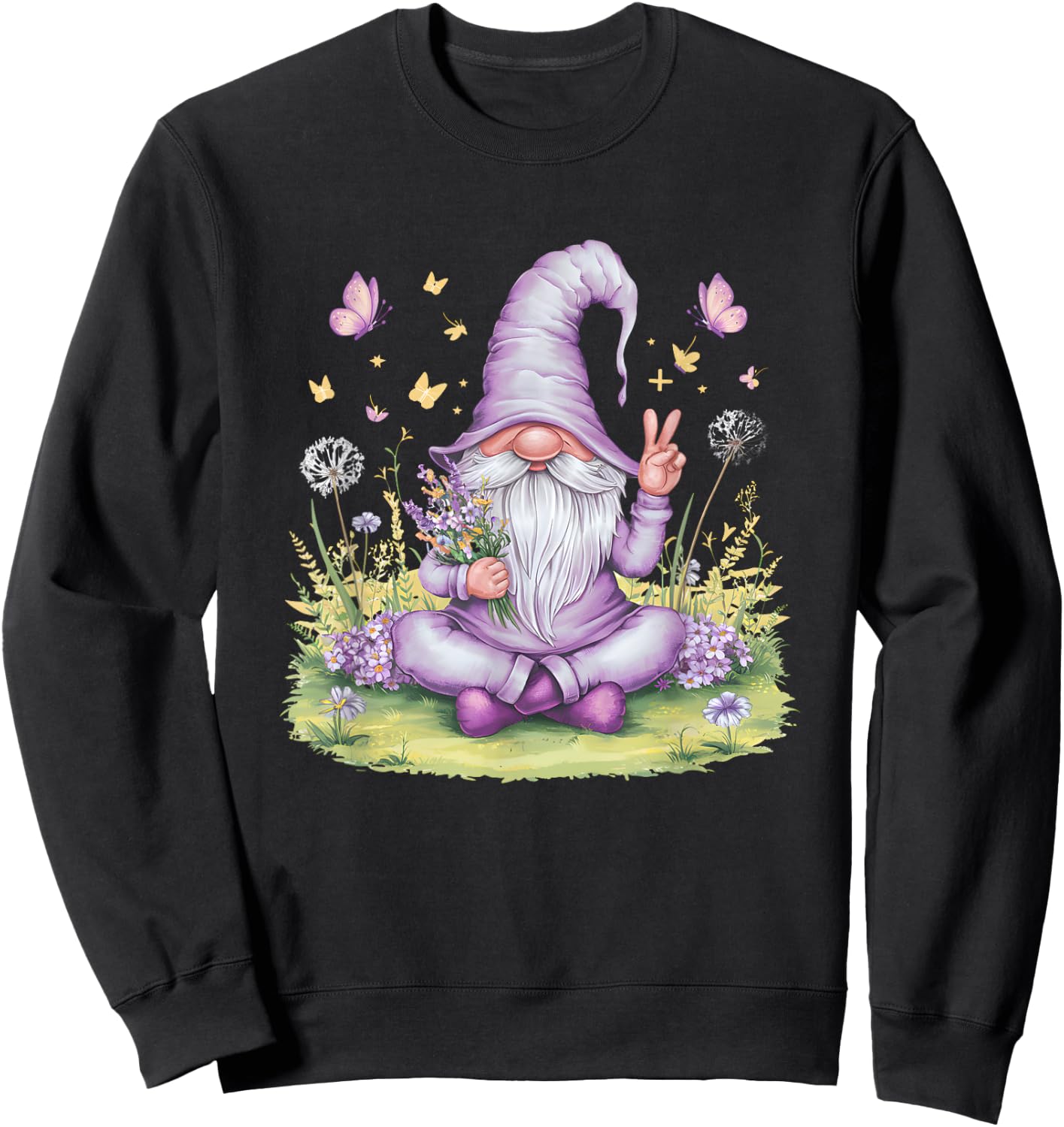Peaceful Garden Gnome with Flowers And Butterflies Sweatshirt - Sweatshirt | Black