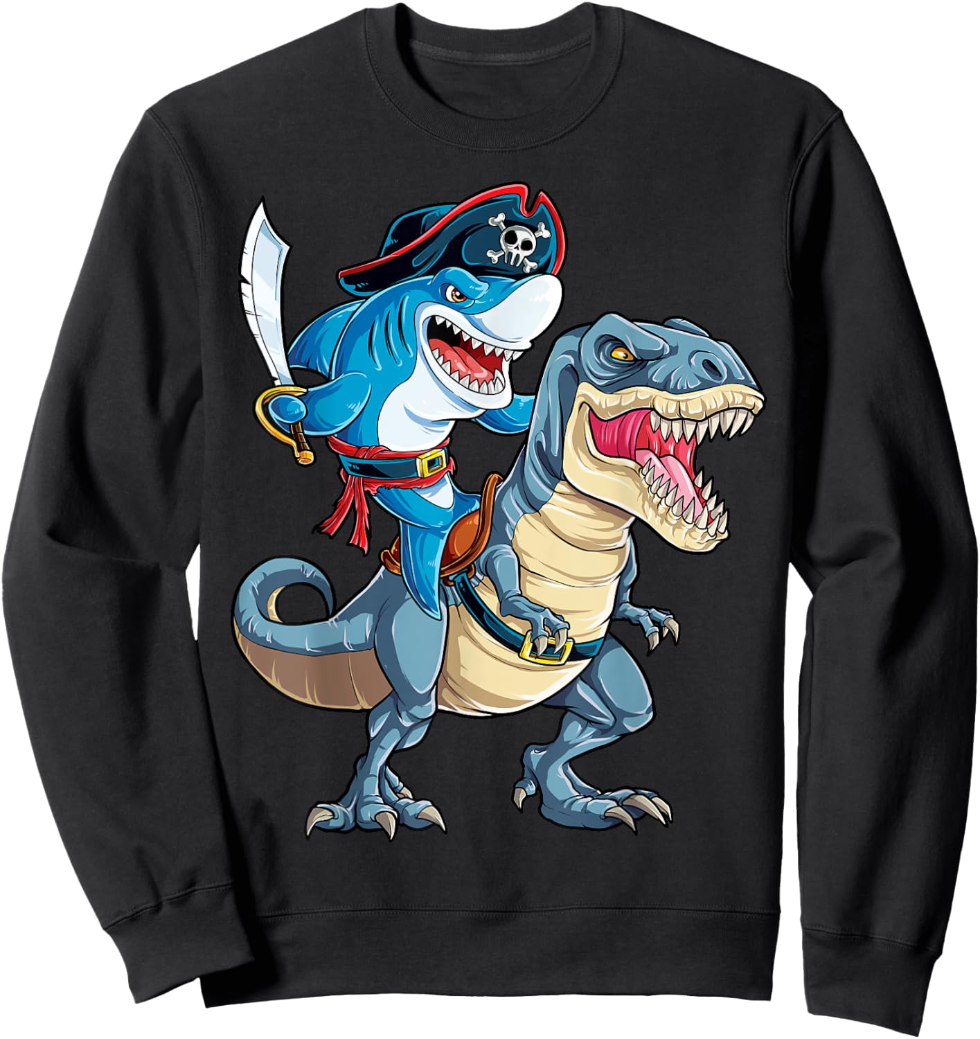 Shark Pirate Dinosaur T rex T Shirt Jawsome Boys Kids Men Sweatshirt - Sweatshirt | Black