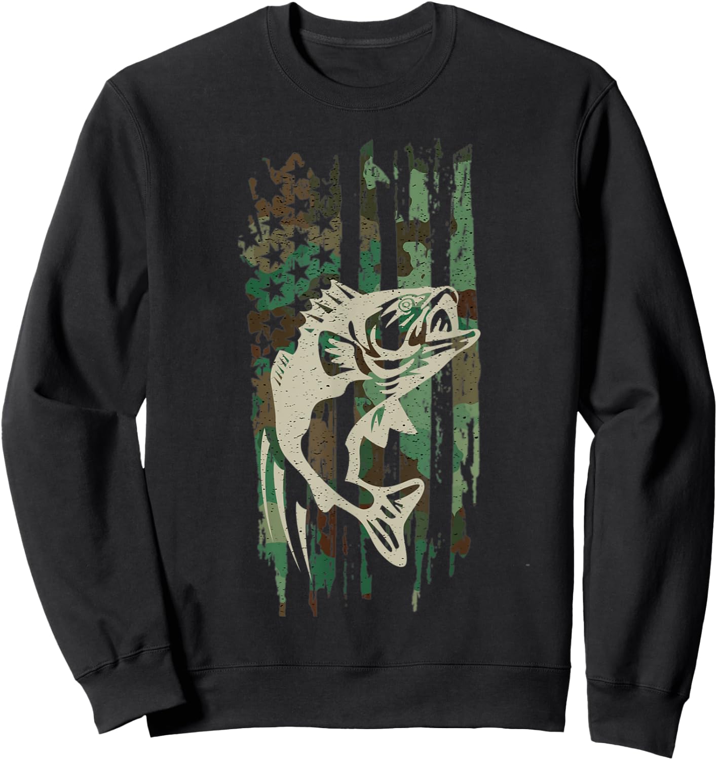 Camouflage American US Flag Bass Fishing Fisherman Men Boys Sweatshirt - Sweatshirt | Black