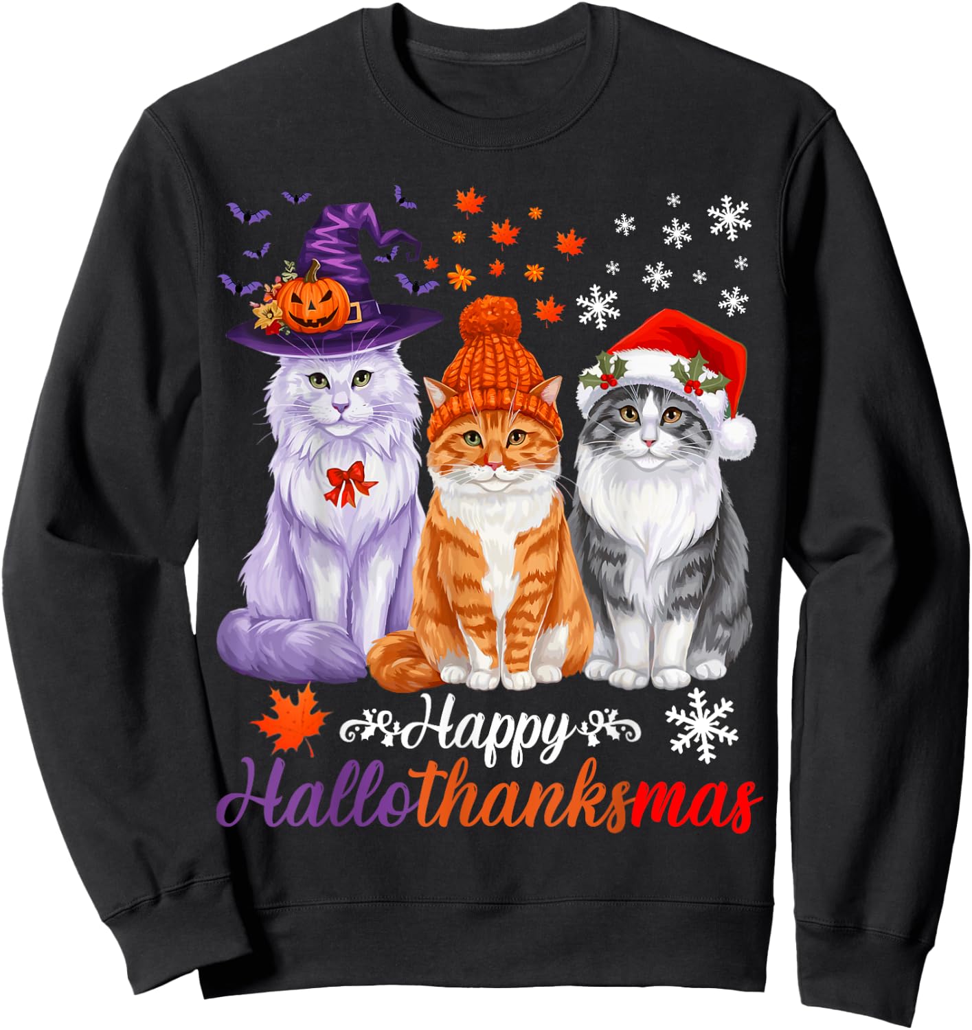 Happy HalloThanksMas Cats Halloween Thanksgiving Christmas Sweatshirt - Sweatshirt | Black