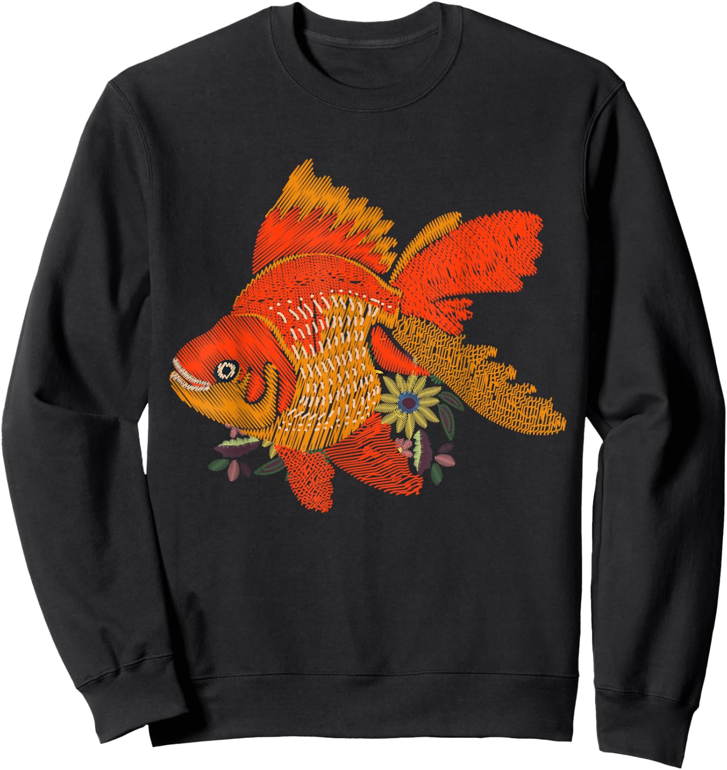 Japanese Goldfish - Vintage Floral Embroidery Look Sweatshirt - Sweatshirt | Black