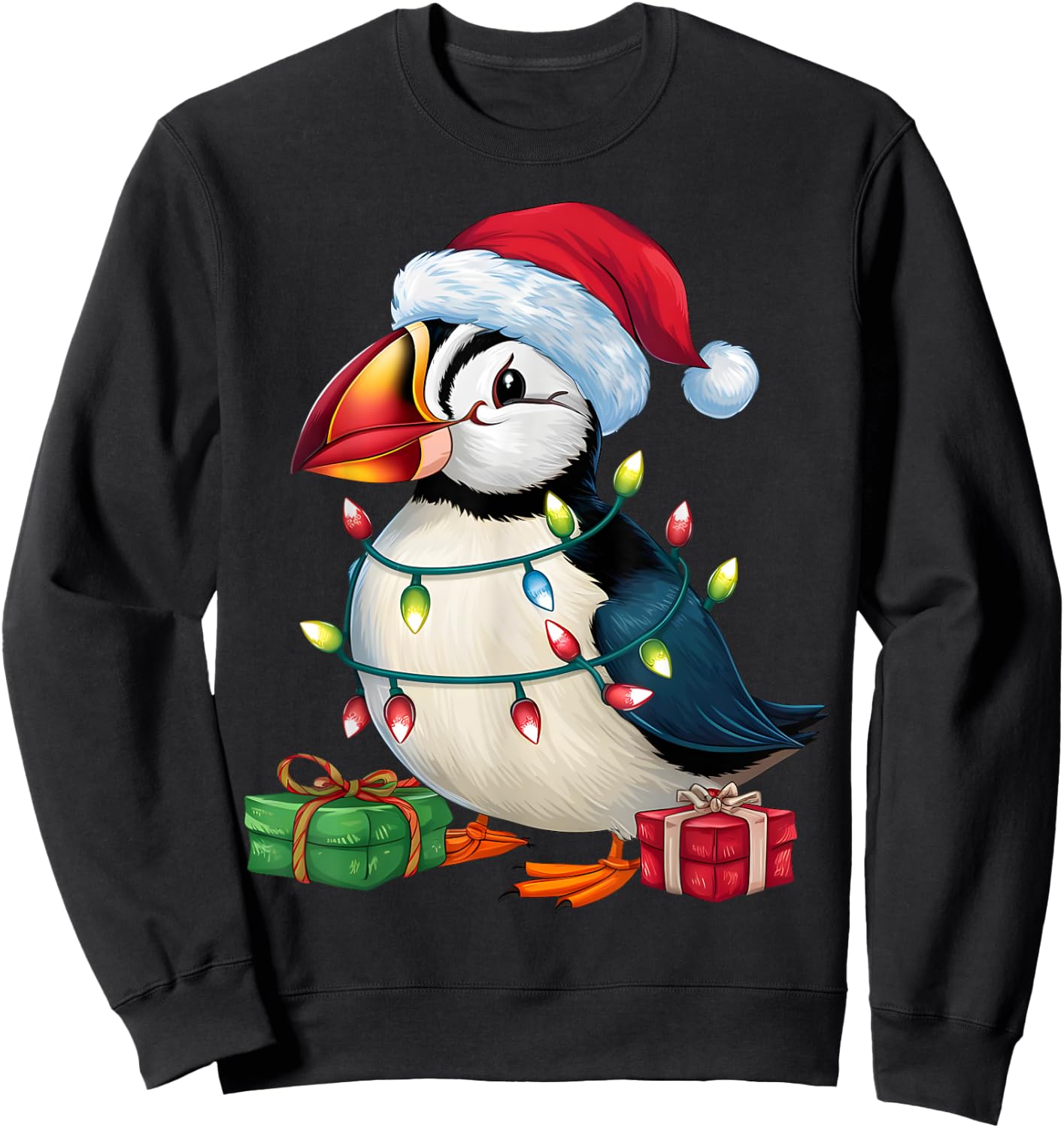 Puffin Bird Lover Xmas Lighting Santa Hat Puffin Christmas Sweatshirt - Sweatshirt | Black