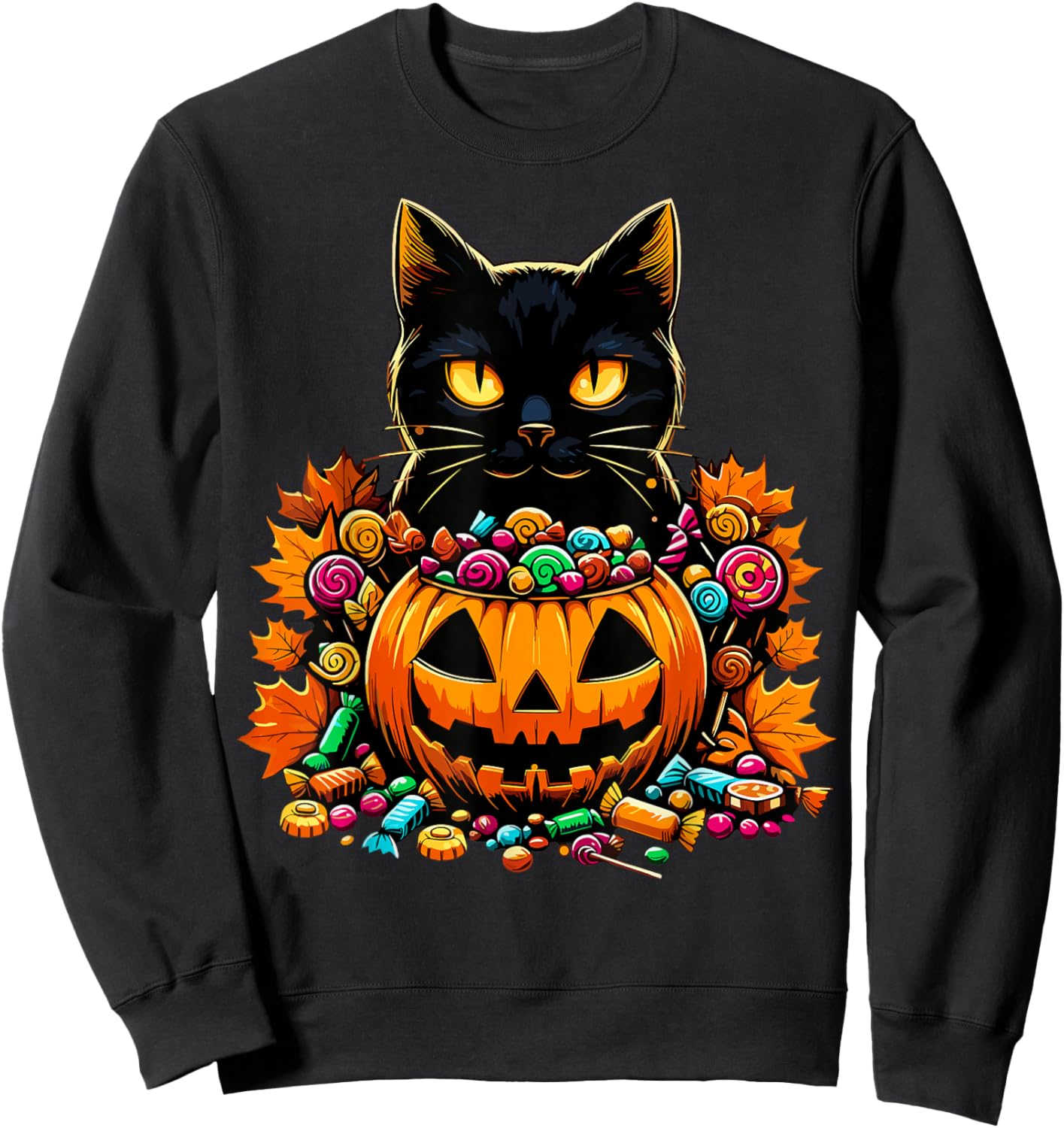 Halloween Black Cat Pumpkin Candy Autumn Sweatshirt - Sweatshirt | Black