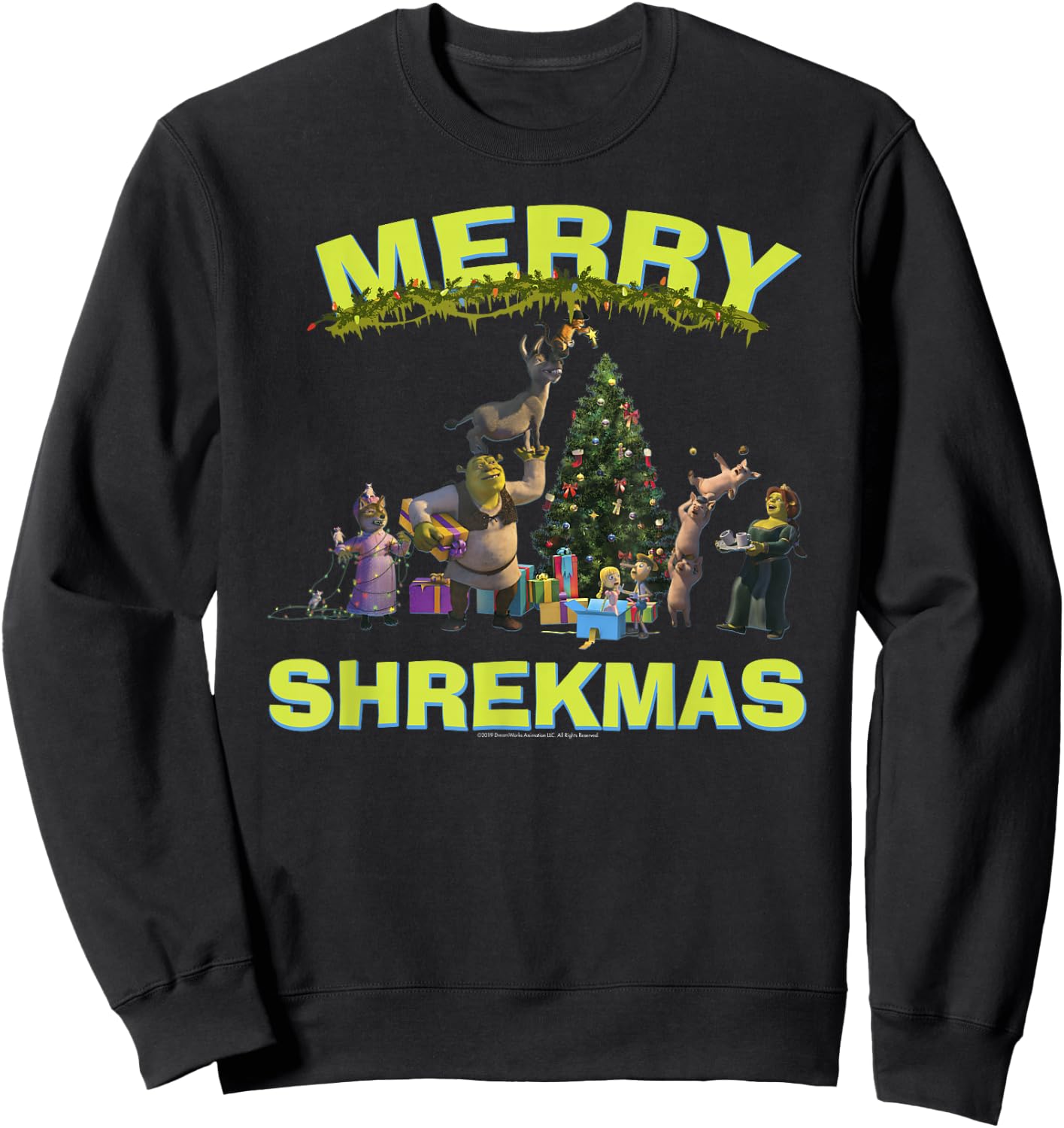 Shrek Group Shot Friends Merry Shrekmas Bold Holiday Text Sweatshirt - Sweatshirt | Black