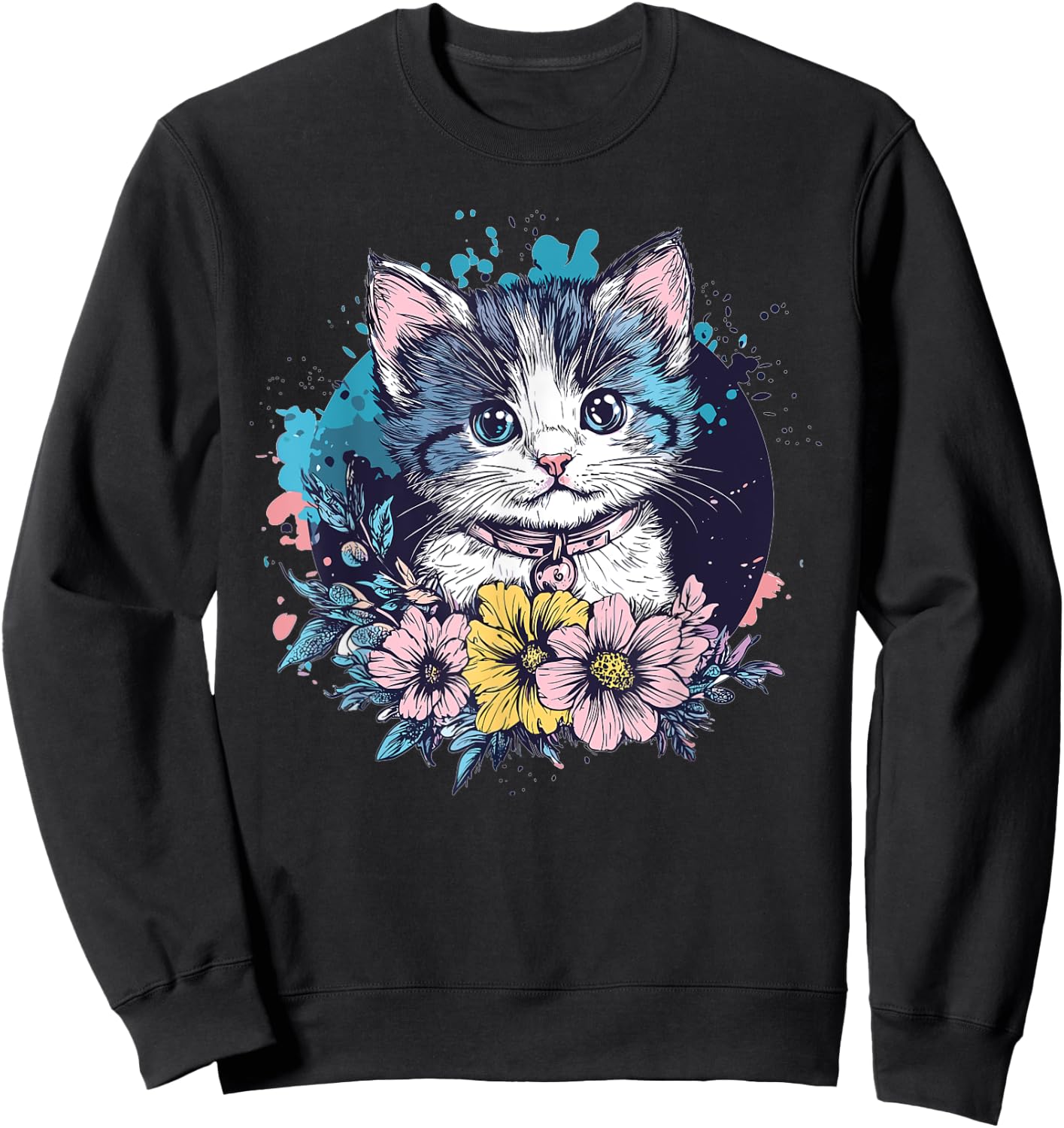 Cute Cat With Flowers I Kids Cat Sweatshirt - Sweatshirt | Black
