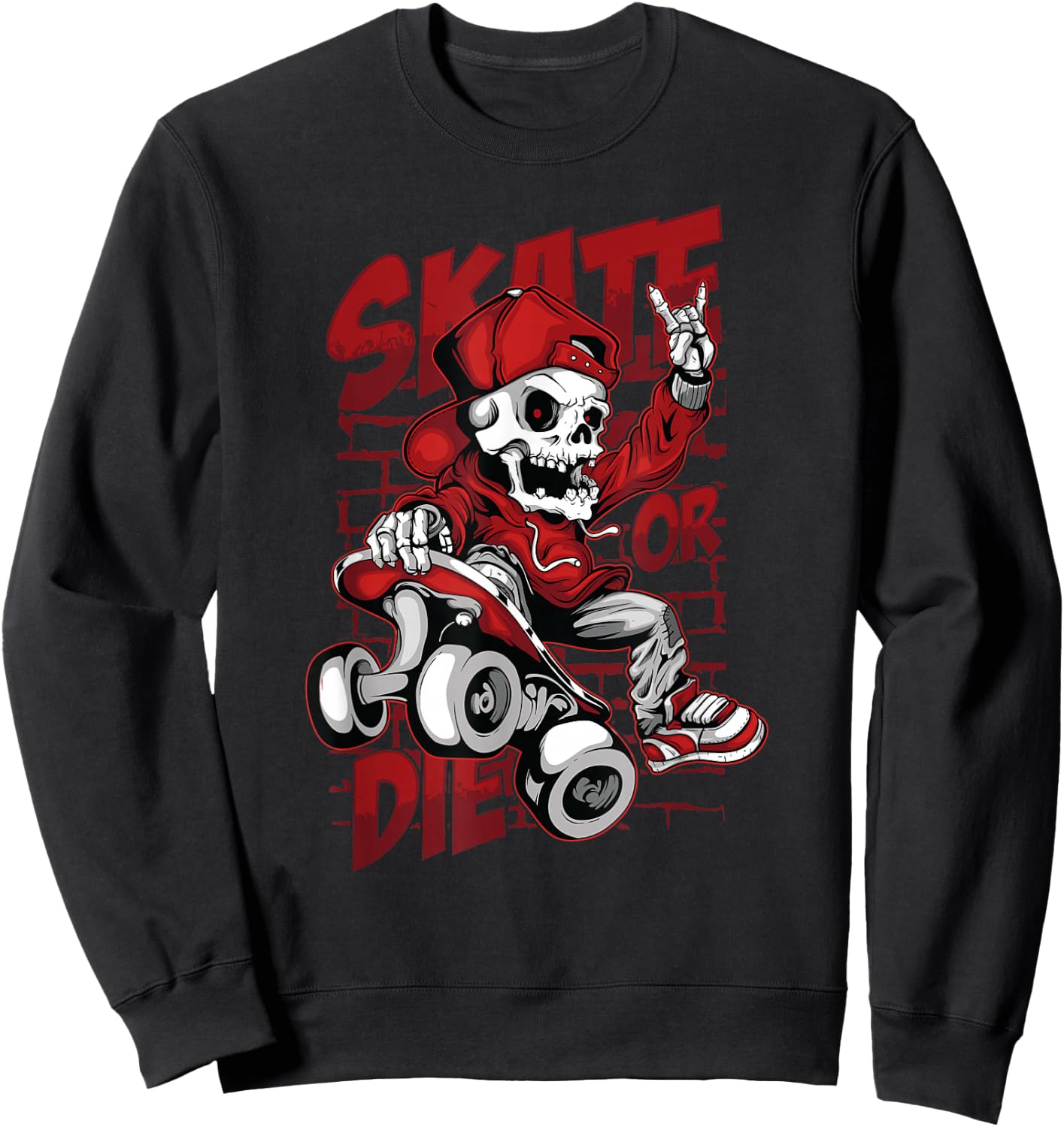 Skate or Die Skating Skeleton Skull Halloween Skateboard Sweatshirt - Sweatshirt | Black