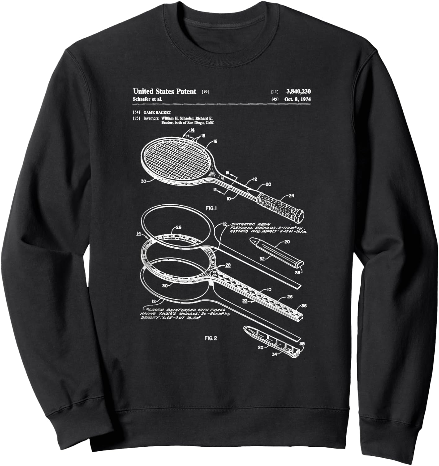 Vintage Patent Print 1974 Tennis Racket Sweatshirt - Sweatshirt | Black
