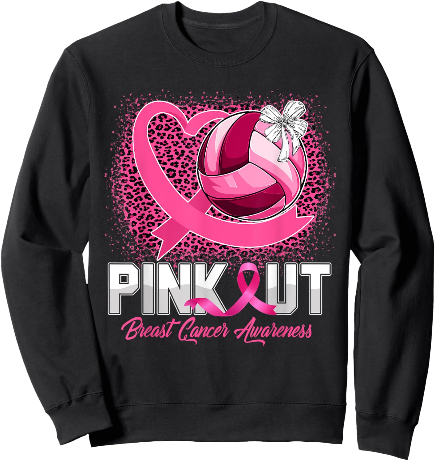 Pink Out Breast Cancer Awareness Volleyball Leopard Bleached Sweatshirt - Sweatshirt | Black