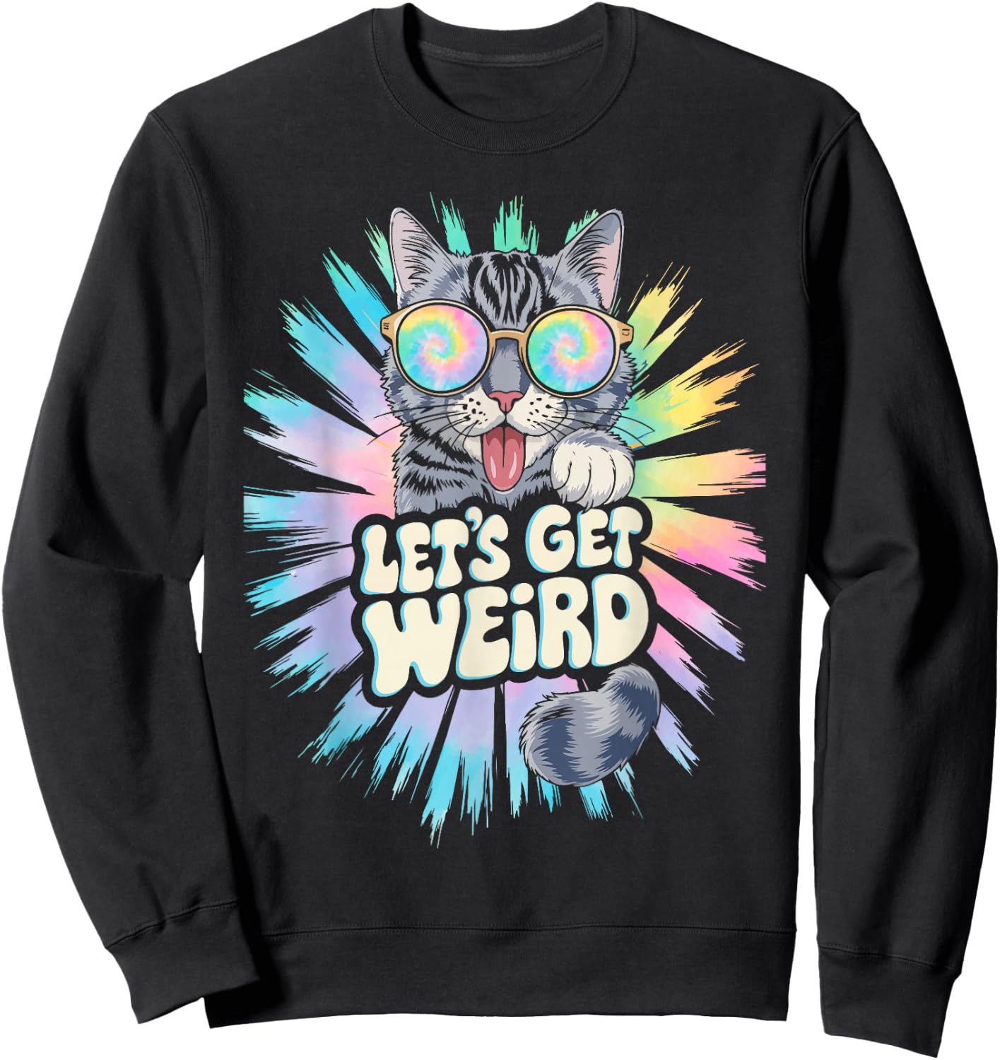 Let's Get Weird Retro Cat Animal Lover Psychedelic Boho Sweatshirt - Sweatshirt | Black