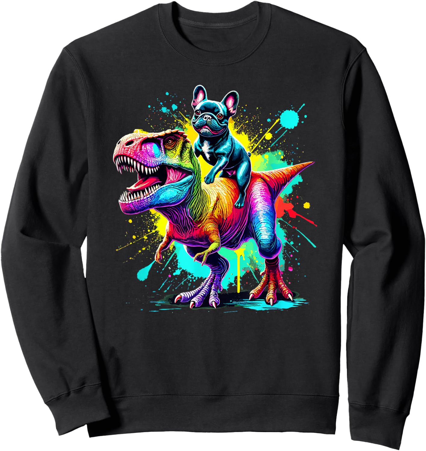 Splash Art Dinosaur T-Rex French Bulldog Frenchie Sweatshirt - Sweatshirt | Black
