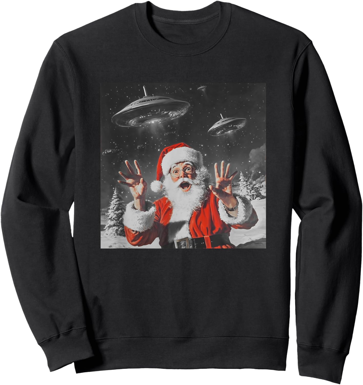 Santa Claus Selfie with UFOs Weird Print Graphic Space Funny Sweatshirt - Sweatshirt | Black