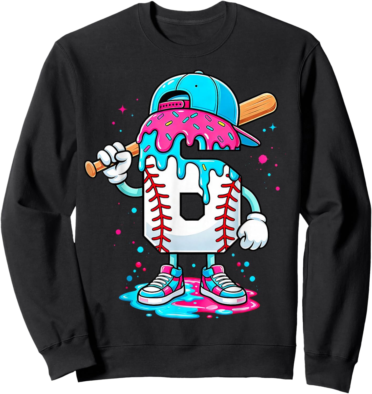 Baseball 6th Birthday Boy 6 Year Old Ice Cream Drip Sweatshirt - Sweatshirt | Black