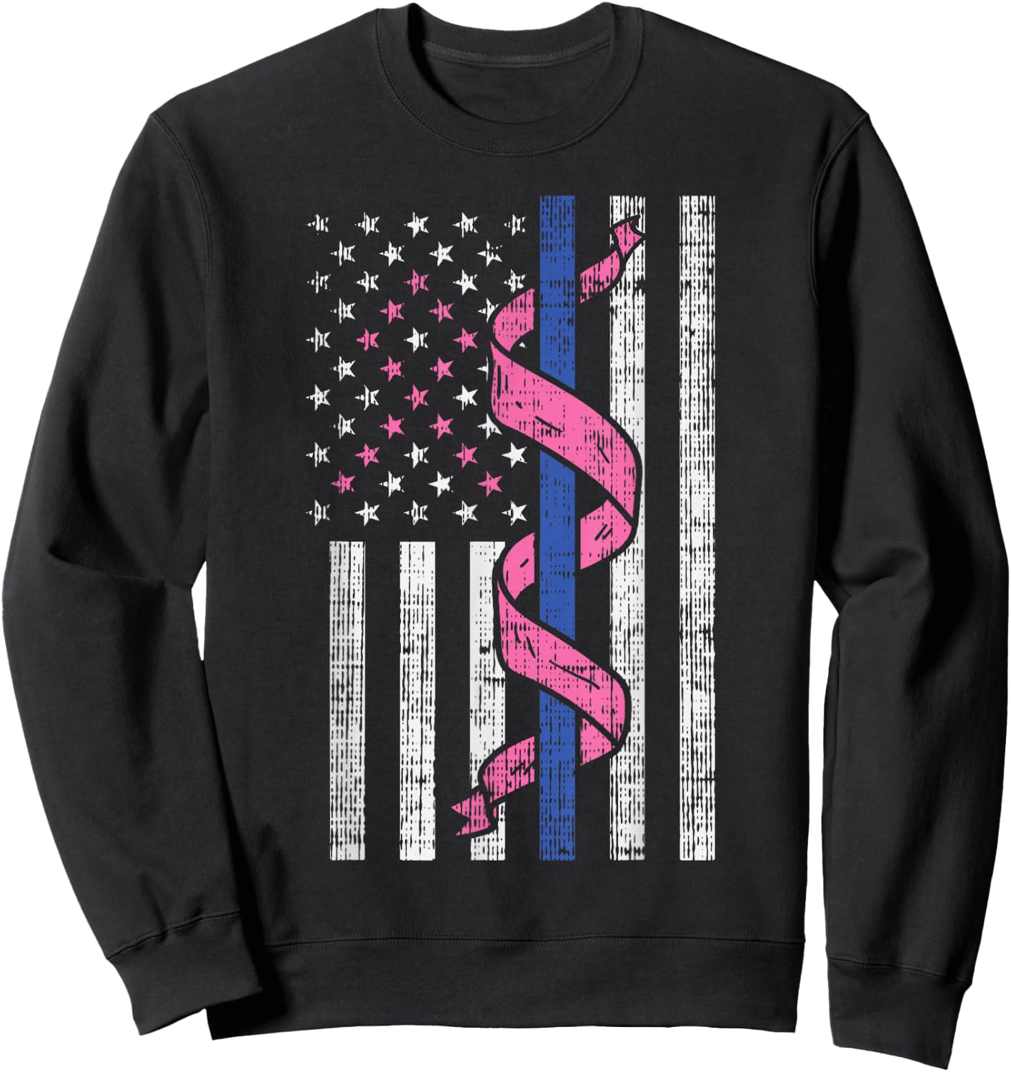 Blue Line Police US Flag Pink Ribbon Breast Cancer Awareness Sweatshirt - Sweatshirt | Black