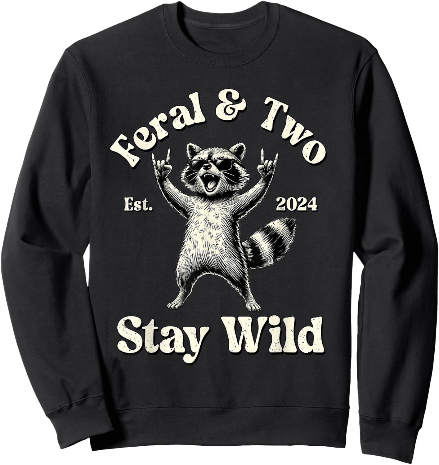Feral & Two Est 2024 Stay Wild Raccoon 2nd Birthday Boy Sweatshirt - Sweatshirt | Black