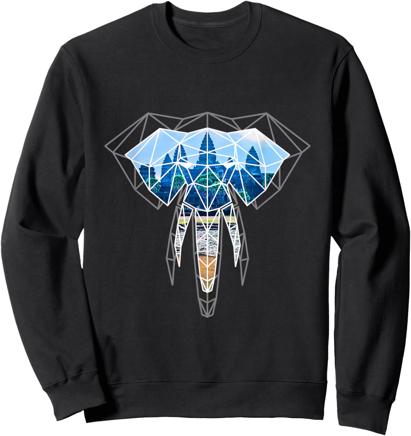 Cambodia Elephant Angkor Geometric Origami Graphic Sweatshirt - Sweatshirt | Black