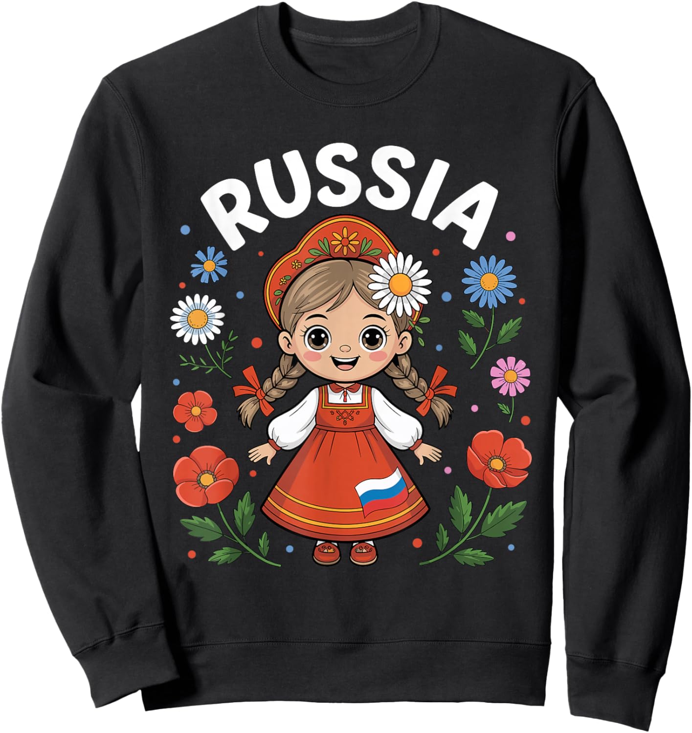 Cute Russia Girl Traditional Folk Dress and Flowers for Kids Sweatshirt - Sweatshirt | Black