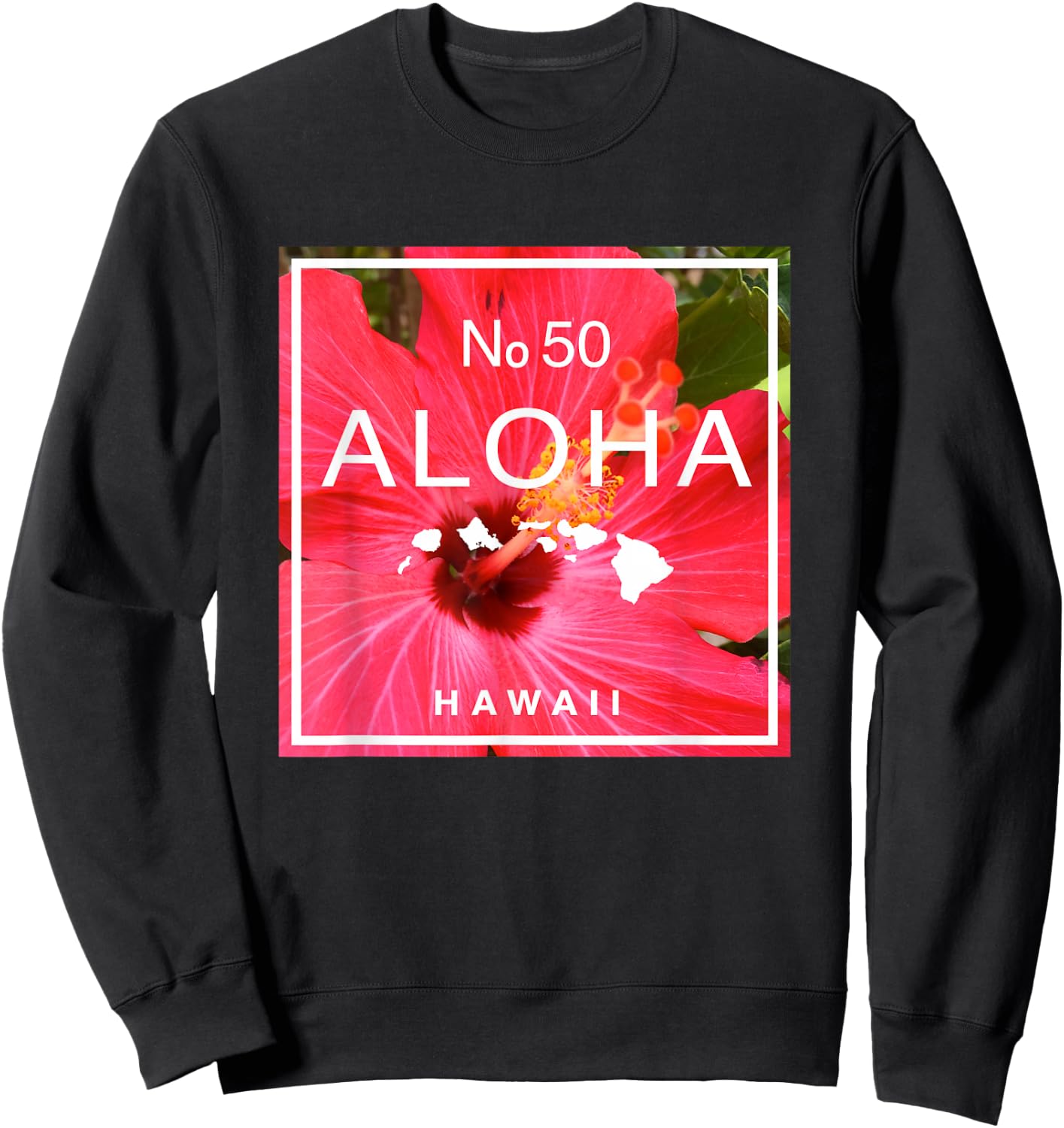 Hawaii Aloha No. 50 Red Hibiscus & Hawaiian Island Map Sweatshirt - Sweatshirt | Black