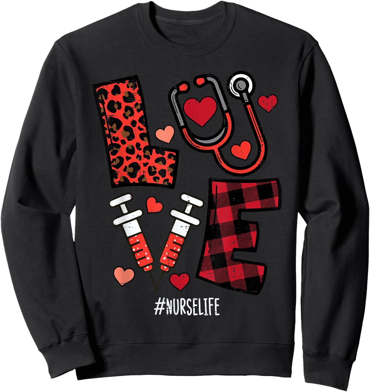 Valentines Day Leopard Plaid Nurse Nursing Scrub Top Women Sweatshirt - Sweatshirt | Black