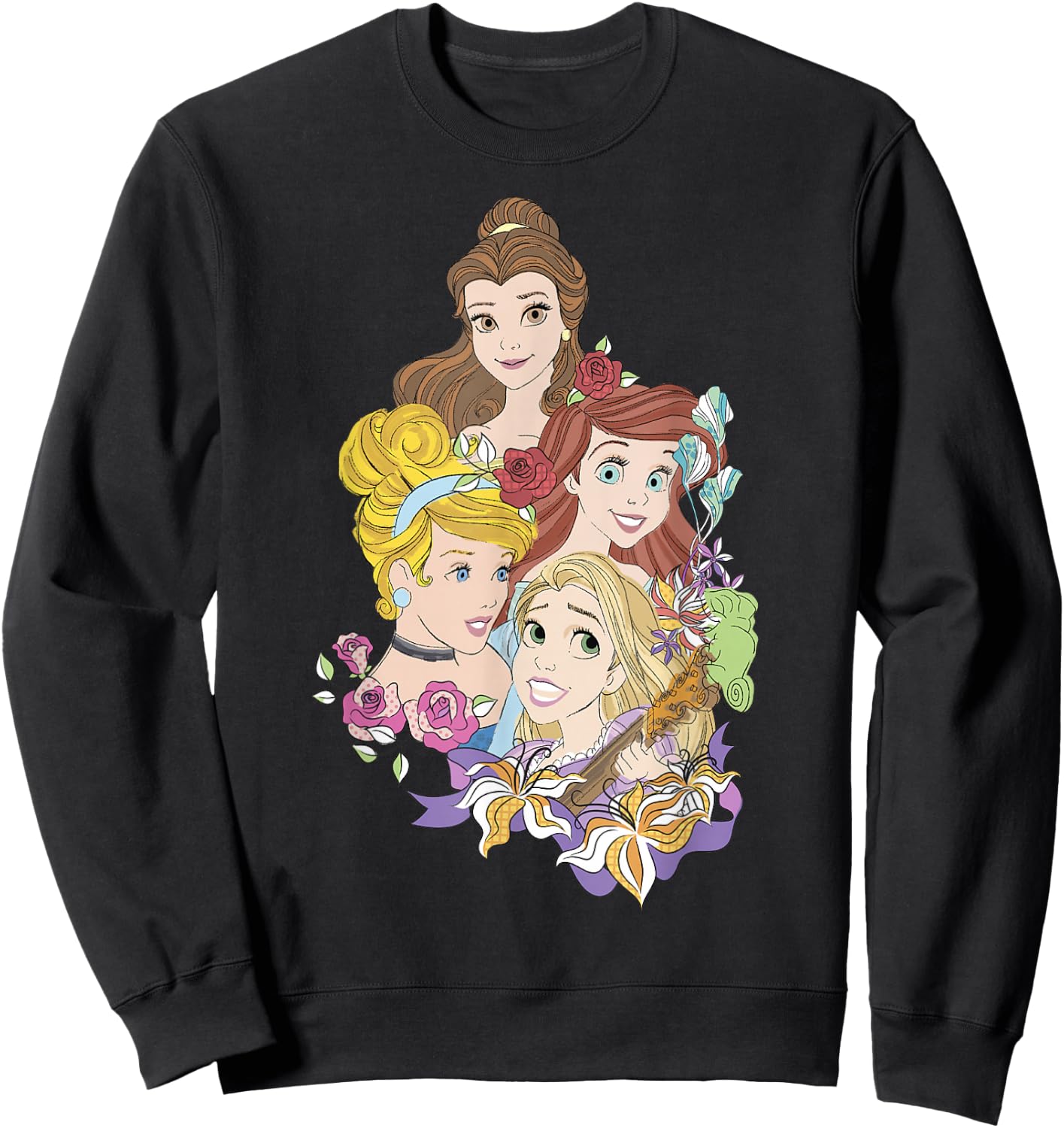 Disney Princess Floral Belle Cinderella Ariel Rapunzel Sweatshirt - Sweatshirt | Black