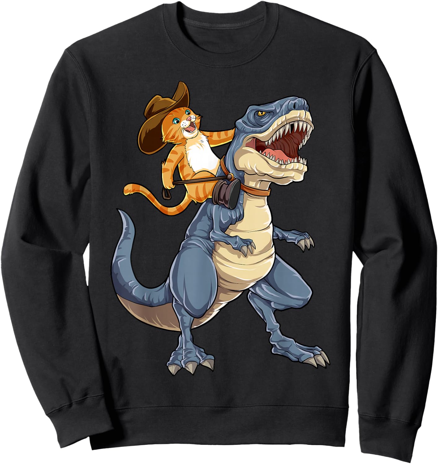 Feline Pawsitive Cat Co Kids Cat Riding Dinosaur T Rex Funny Purrassic Kitty Kitten Lover Sweatshirt - Sweatshirt | Black