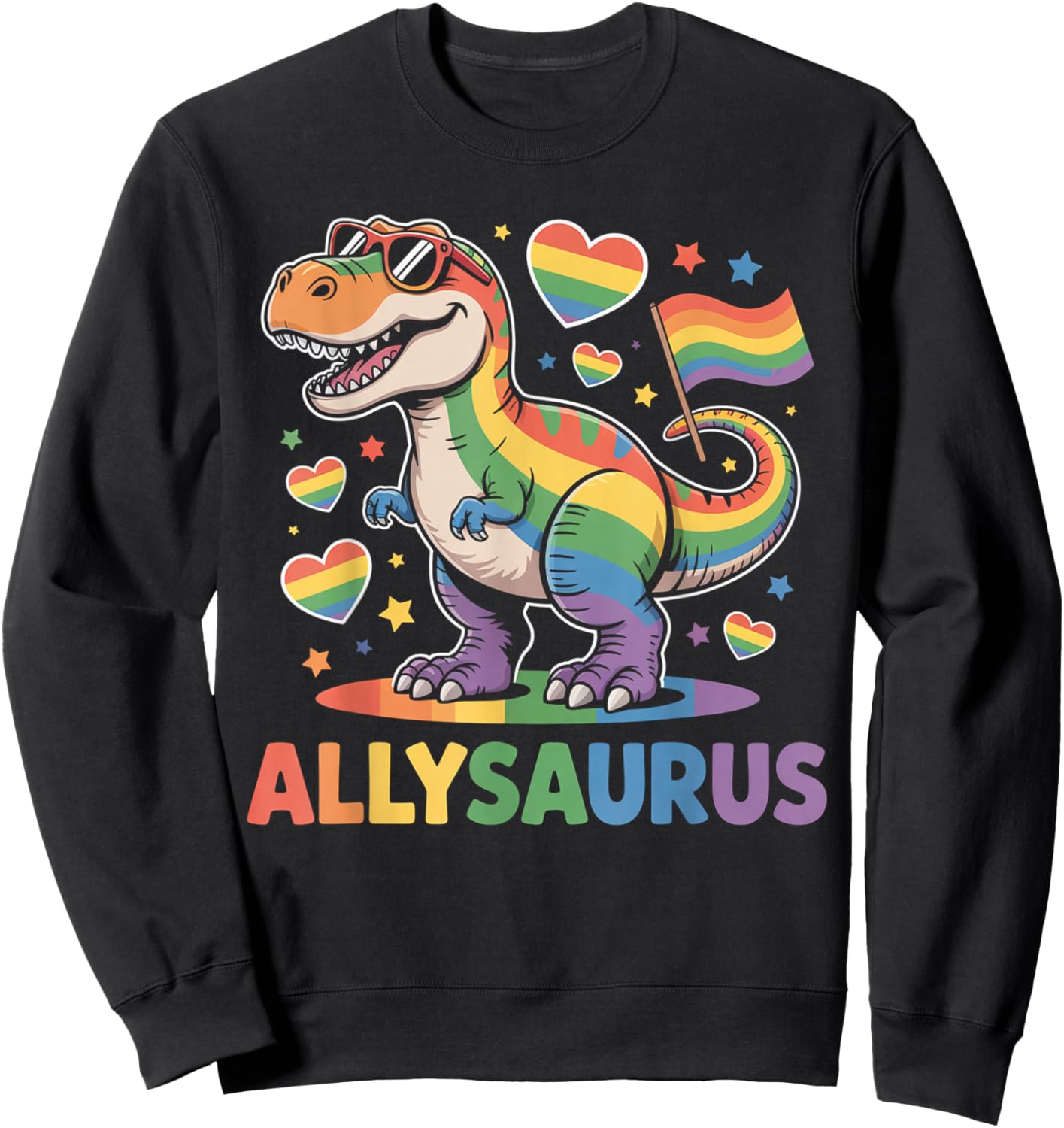 Allysaurus Dinosaur LGBTQ Ally Pride Support Rainbow Flag Sweatshirt - Sweatshirt | Black