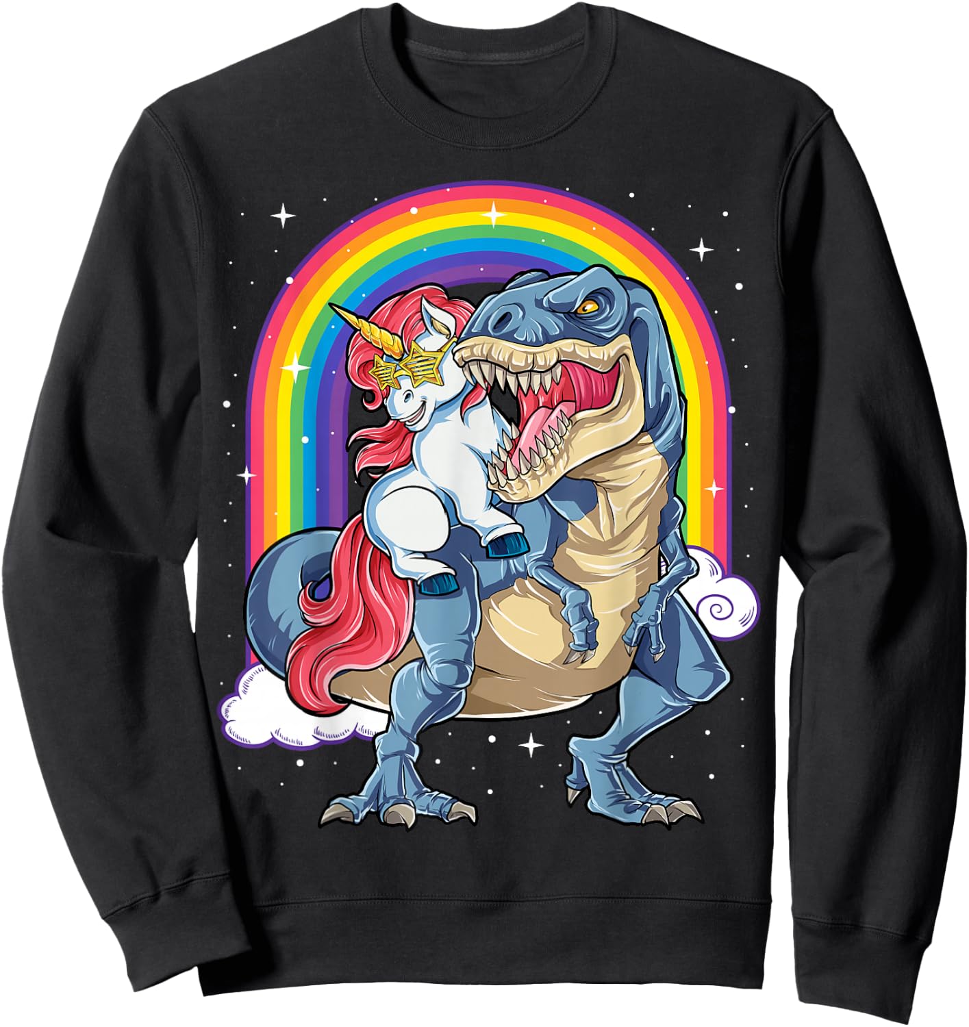 Unicorn Riding T rex Dinosaur Boys Girls Men Women Rainbow Sweatshirt - Sweatshirt | Black