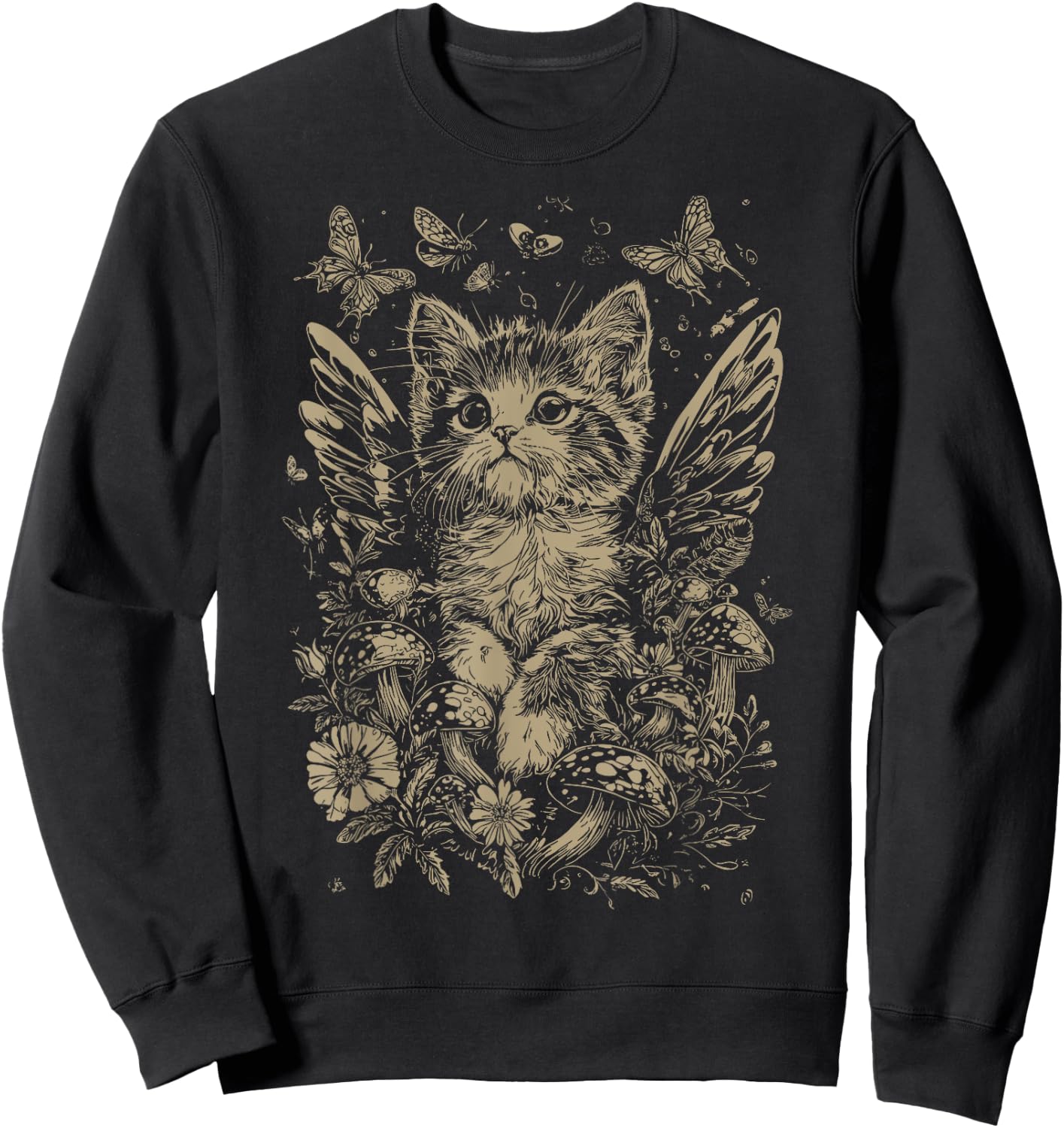 Cute Fairycore Floral Cat Aesthetic Girls Women Fairy Cat Sweatshirt - Sweatshirt | Black