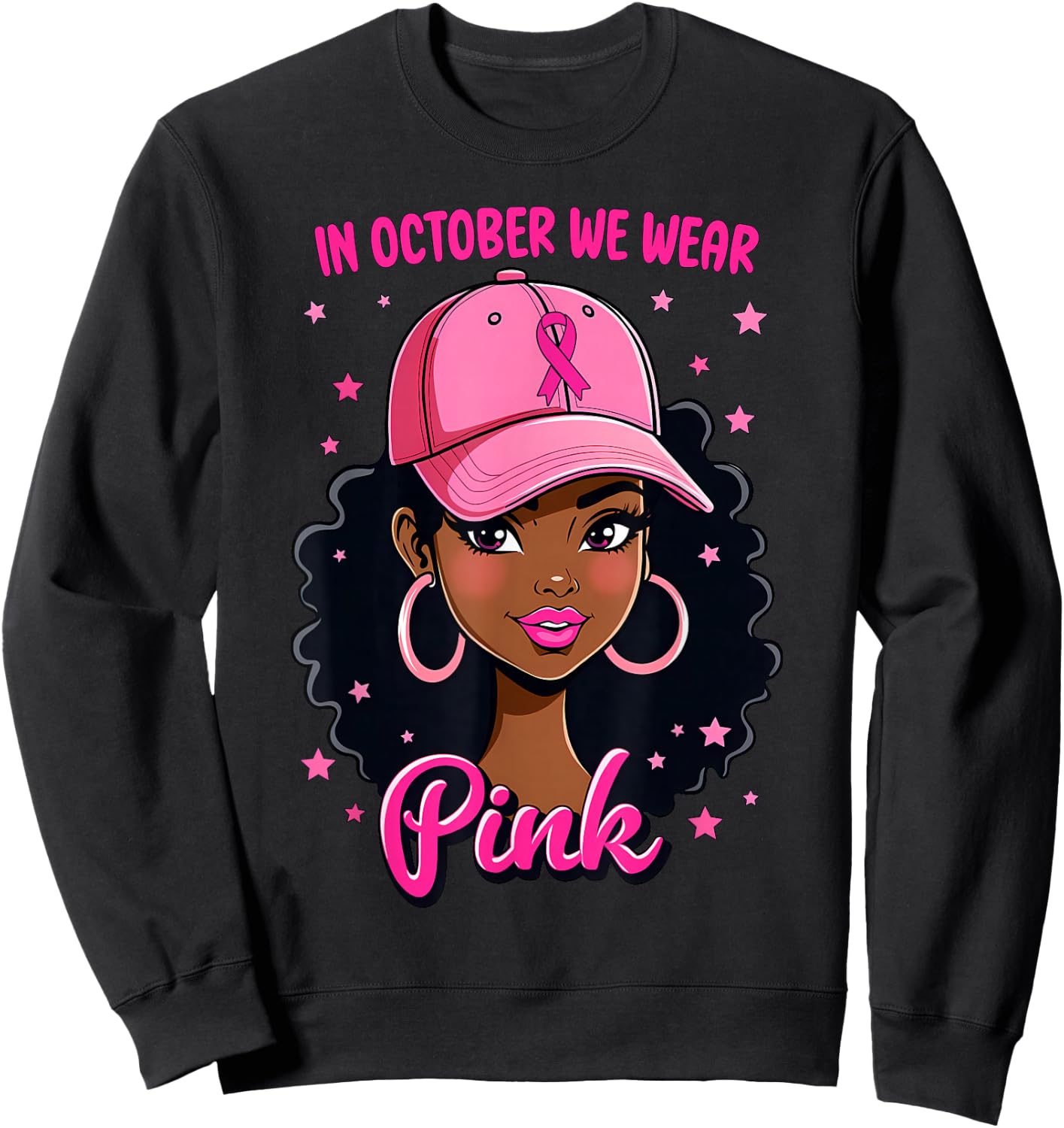 In October We Wear Pink Breast Cancer Awareness Black Girl Sweatshirt - Sweatshirt | Black