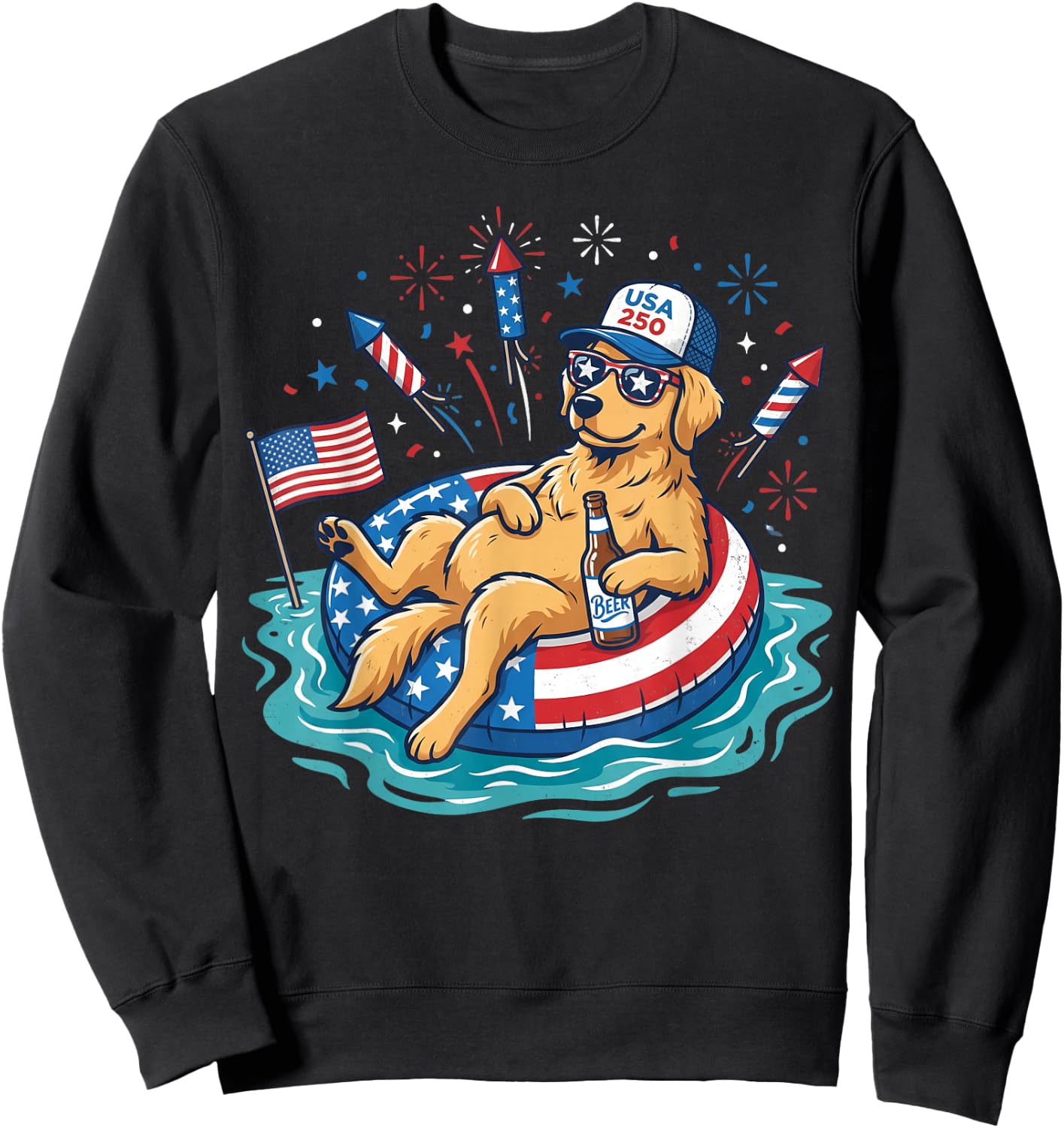 Patriotic Golden Retriever Beer Floatie USA Flag 4th of July Sweatshirt - Sweatshirt | Black