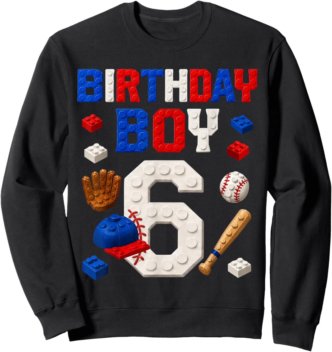 6th Birthday Boy 6 Year Old Baseball Building Blocks Party Sweatshirt - Sweatshirt | Black