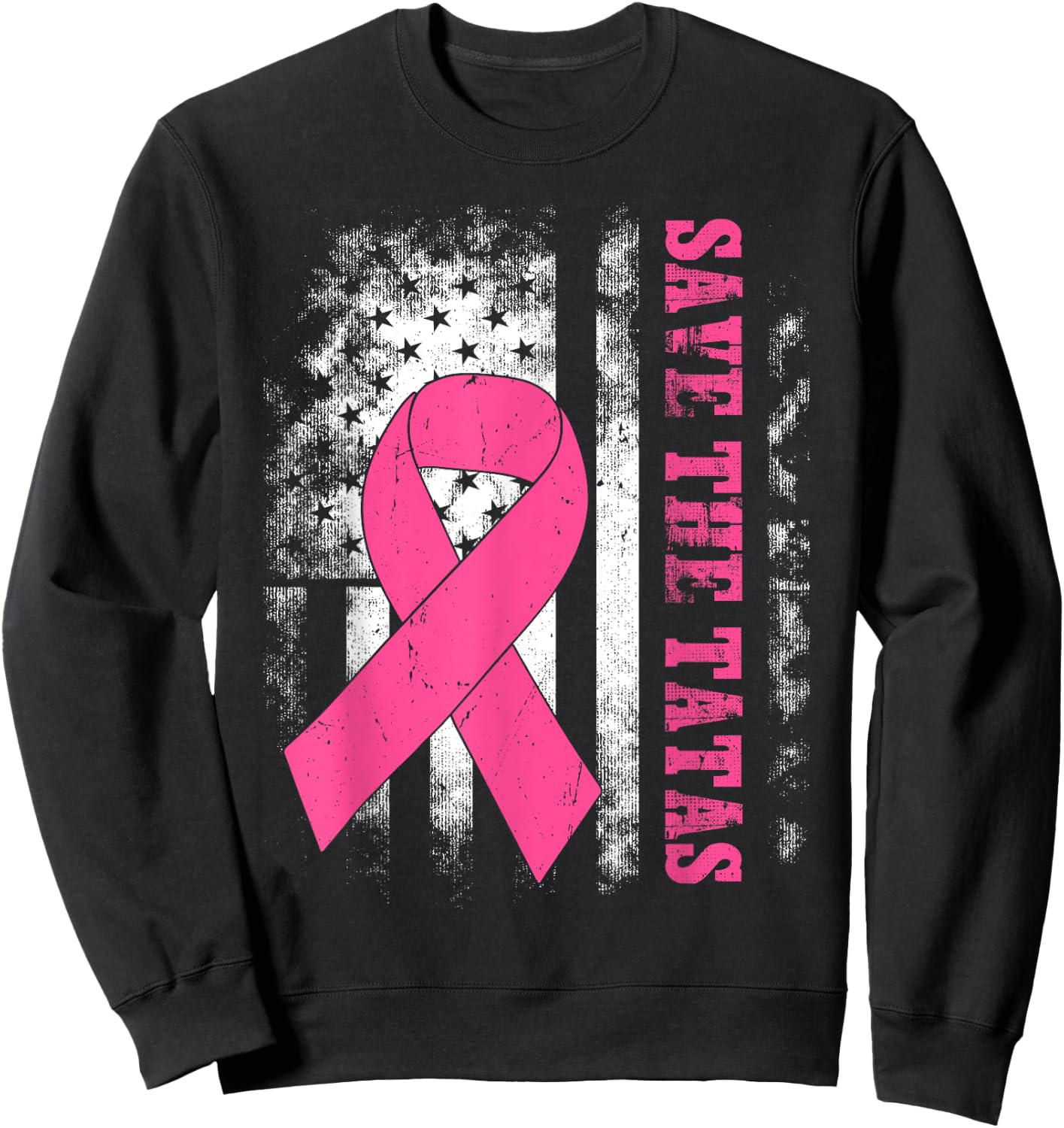 Save The Tatas Breast Cancer Awareness USA Flag Pink Ribbon Sweatshirt - Sweatshirt | Black