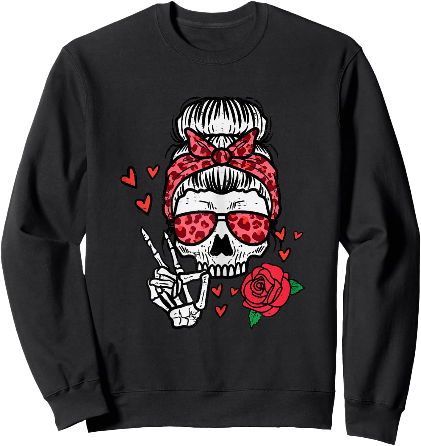 Valentines Skeleton Leopard Messy Bun Peace Funny Women Sweatshirt - Sweatshirt | Black