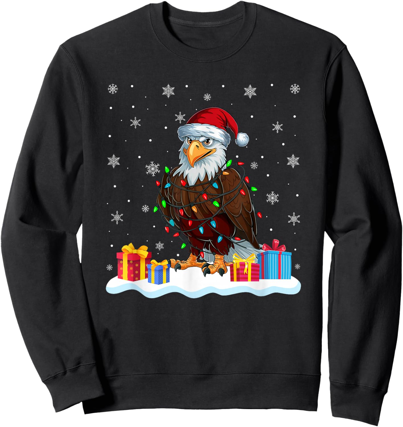Eagle Santa Hat Christmas Tree Light Xmas Pajama Sweatshirt - Sweatshirt | Black